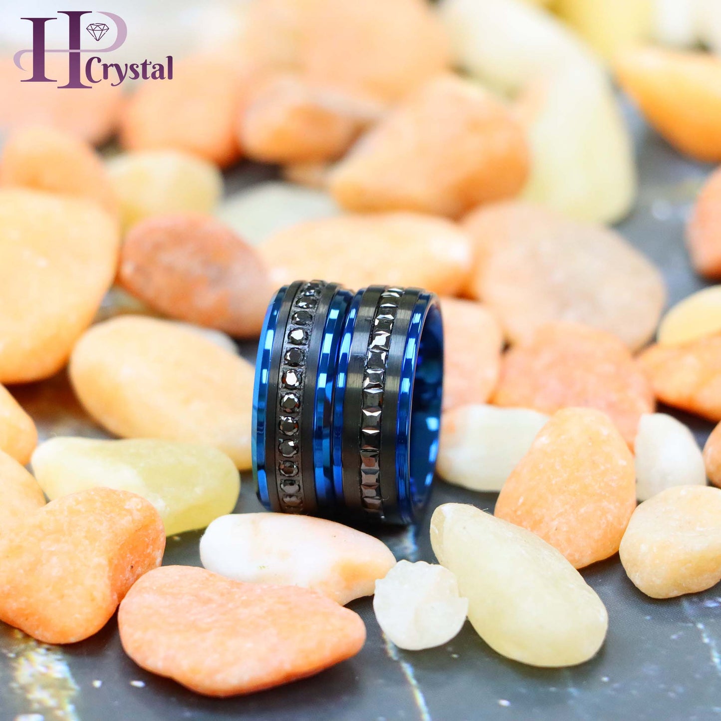 Black IP Plated Blue Edges Black CZ Princess/Round Cut Eternity Tungsten Ring