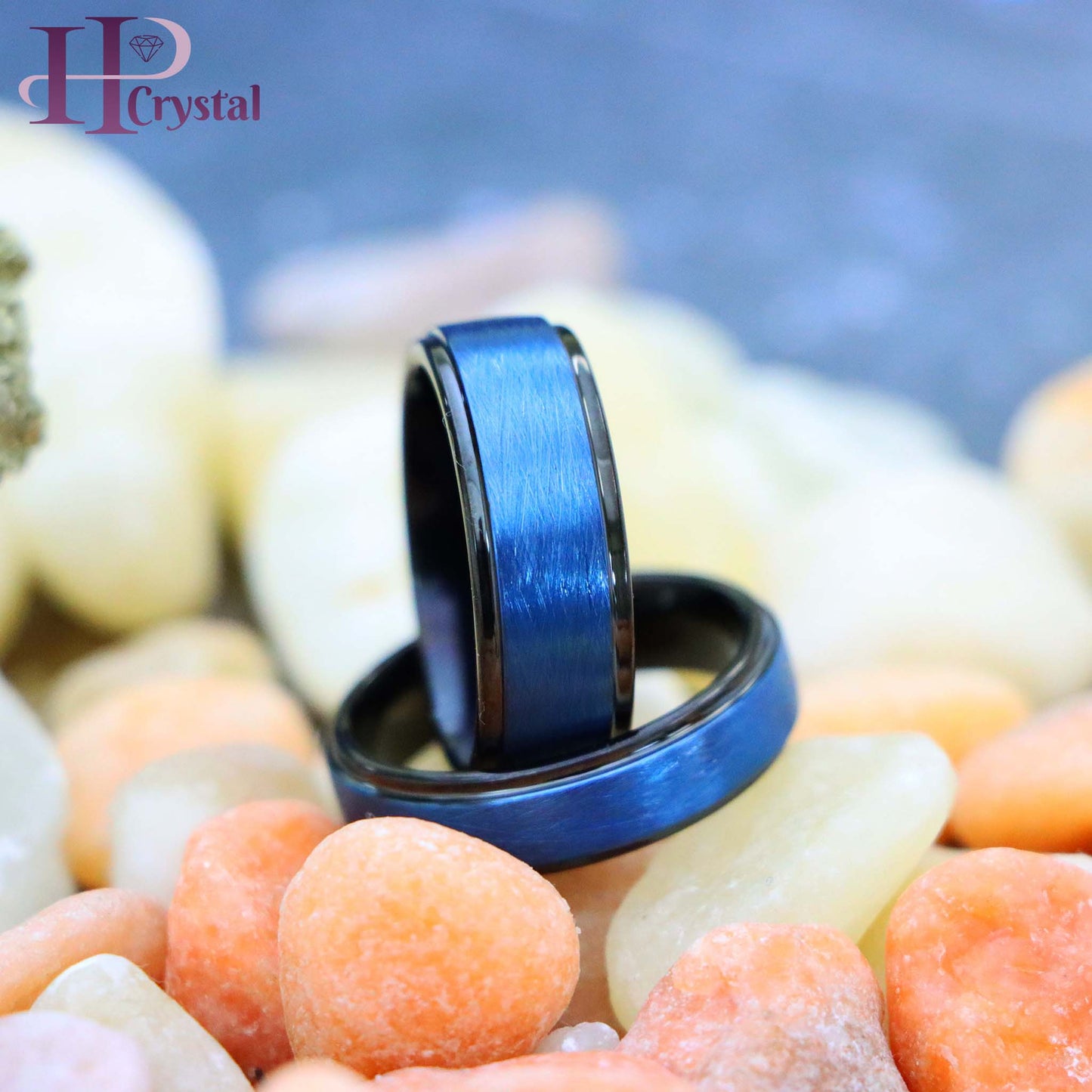 Blue Tone IP Plated Ice Finish Center High Polished Stepped Edge Tungsten Ring