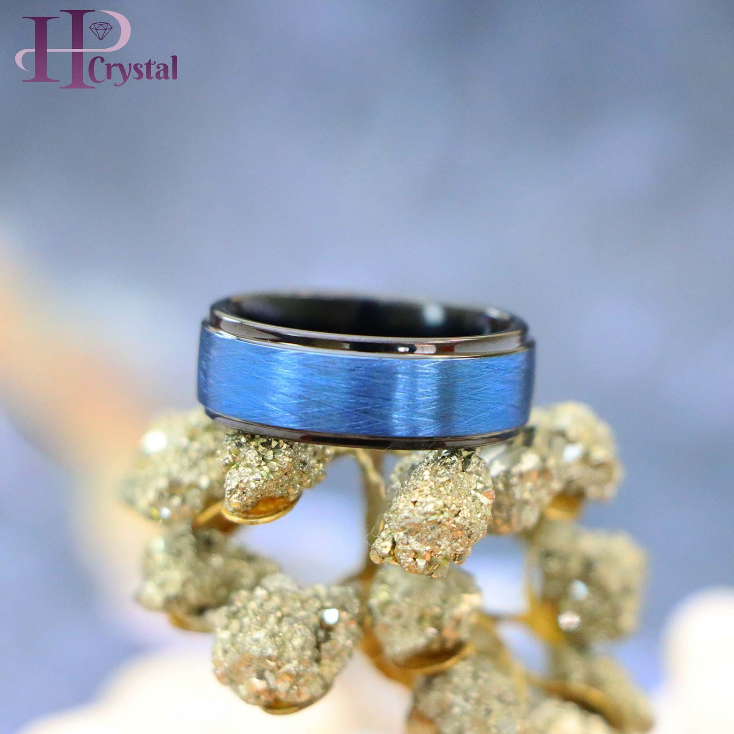 Blue Tone IP Plated Ice Finish Center High Polished Stepped Edge Tungsten Ring