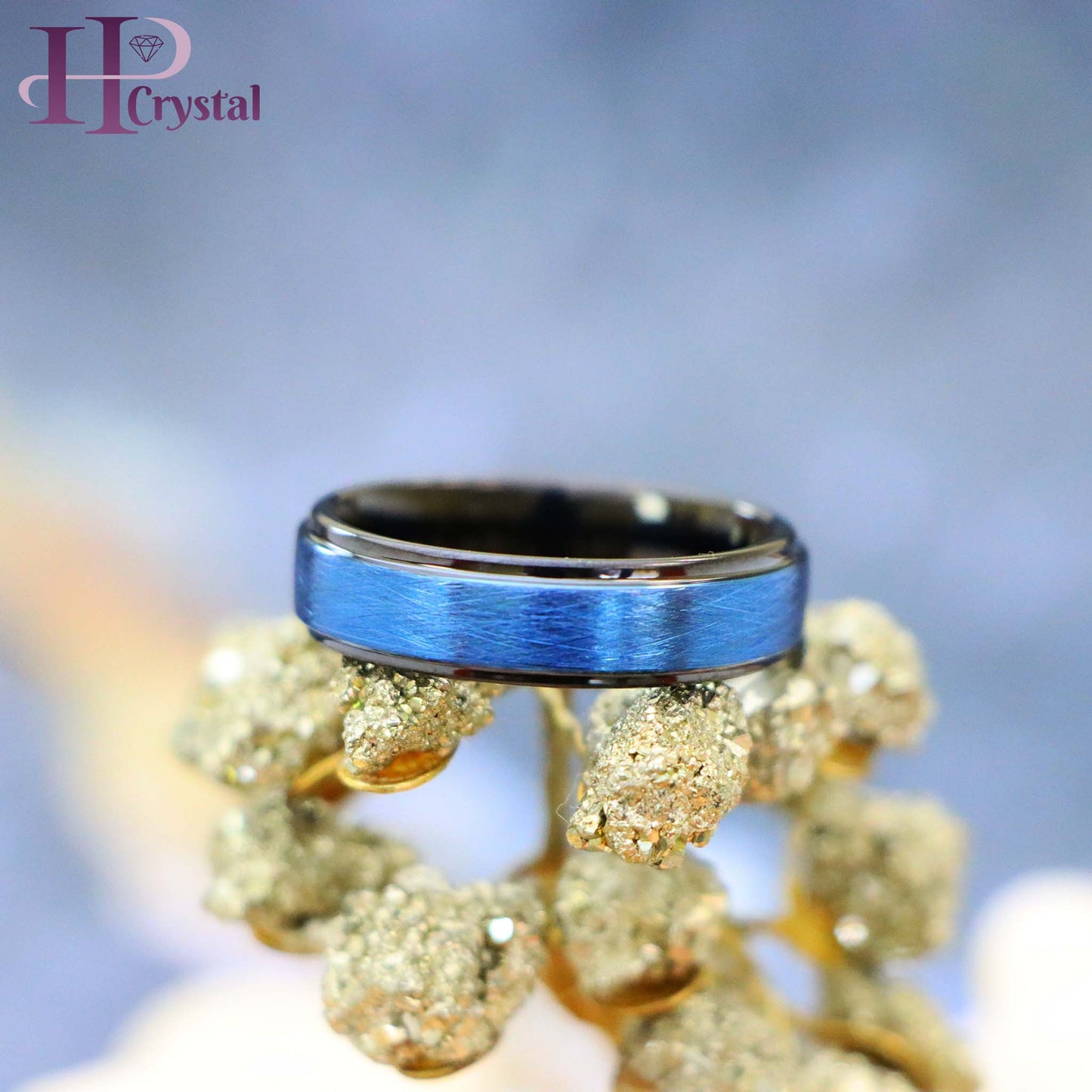 Blue Tone IP Plated Ice Finish Center High Polished Stepped Edge Tungsten Ring