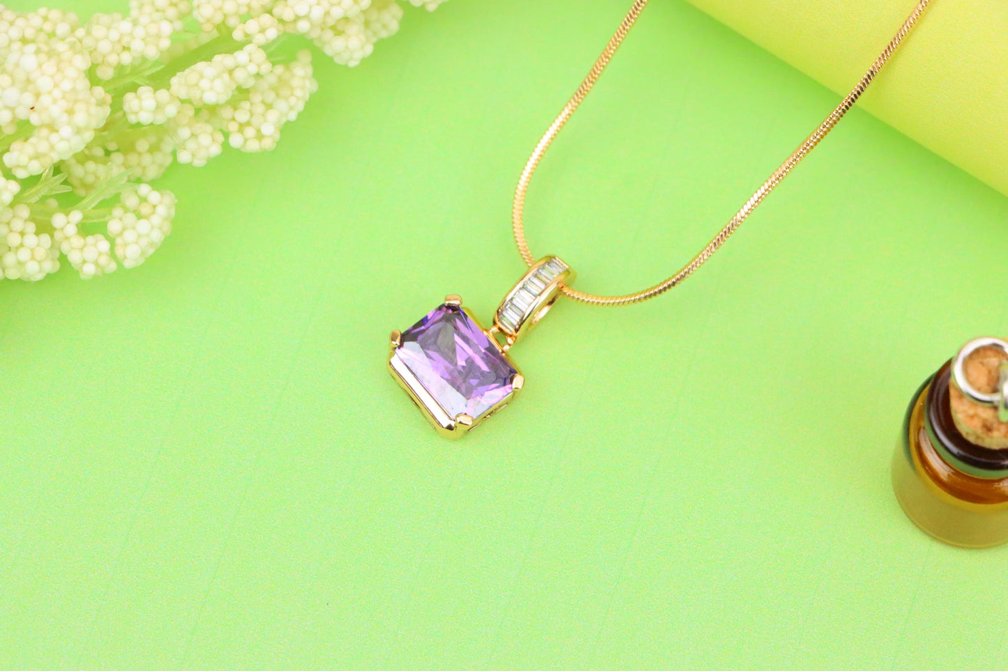 Elegant Purple Emerald Cut Pendant with Gold Plated Baguette Bail, XPPT1779 (2162-7)