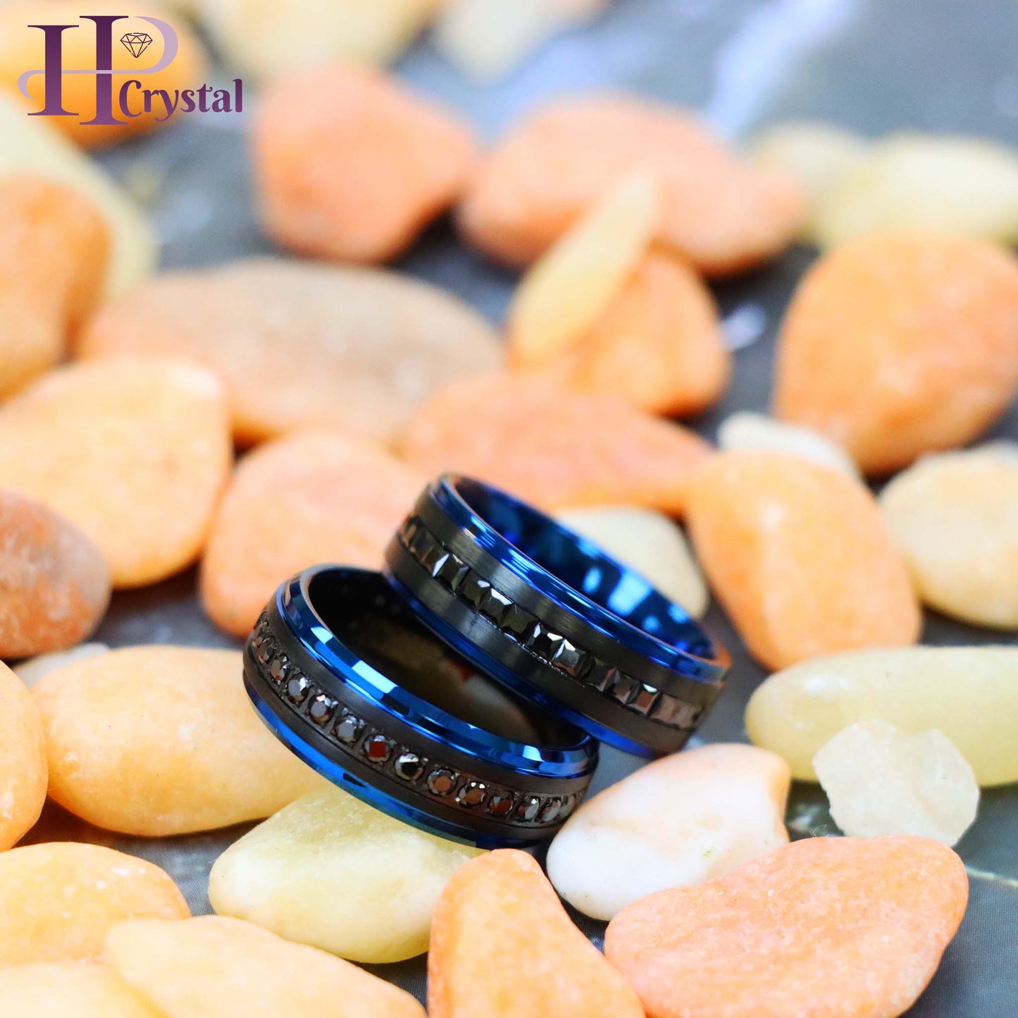 Black IP Plated Blue Edges Black CZ Princess/Round Cut Eternity Tungsten Ring