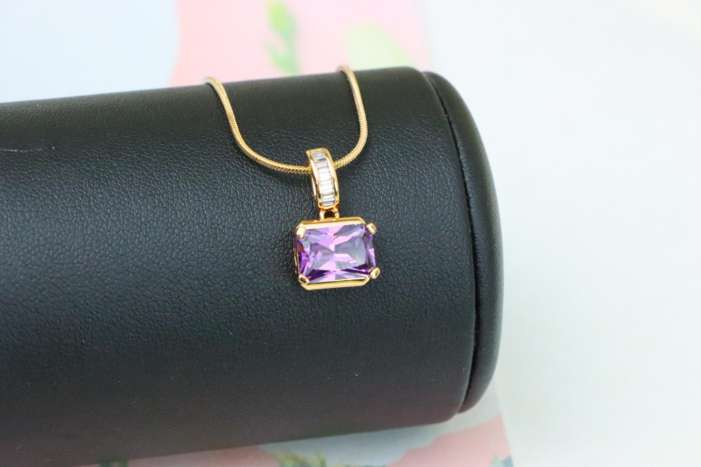 Elegant Purple Emerald Cut Pendant with Gold Plated Baguette Bail, XPPT1779 (2162-7)