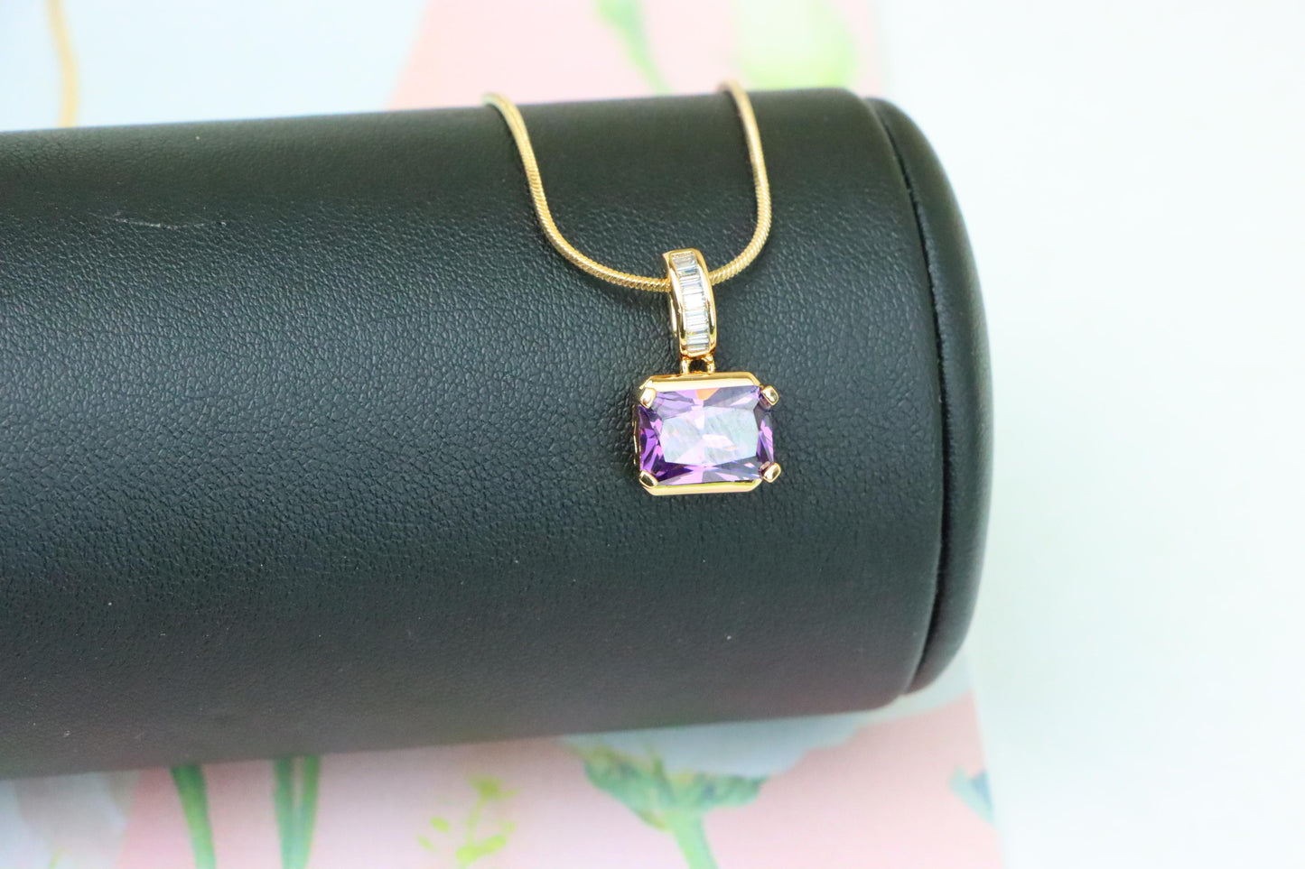 Elegant Purple Emerald Cut Pendant with Gold Plated Baguette Bail, XPPT1779 (2162-7)