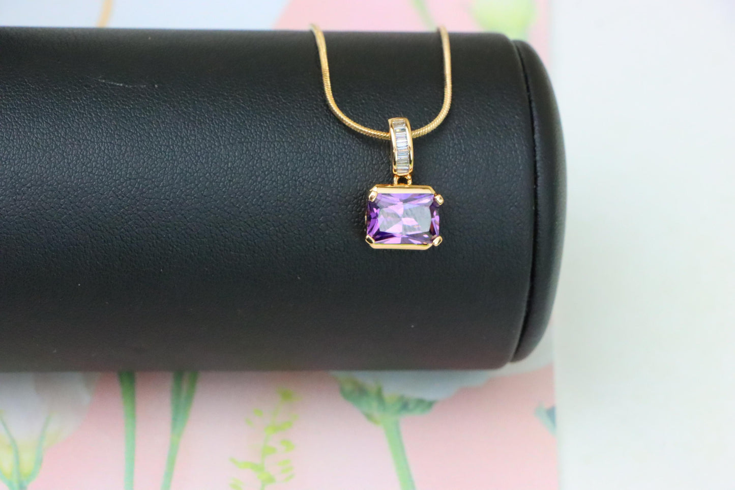 Elegant Purple Emerald Cut Pendant with Gold Plated Baguette Bail, XPPT1779 (2162-7)