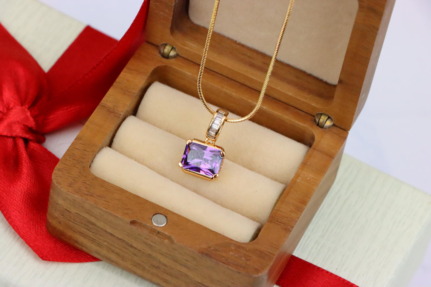 Elegant Purple Emerald Cut Pendant with Gold Plated Baguette Bail, XPPT1779 (2162-7)