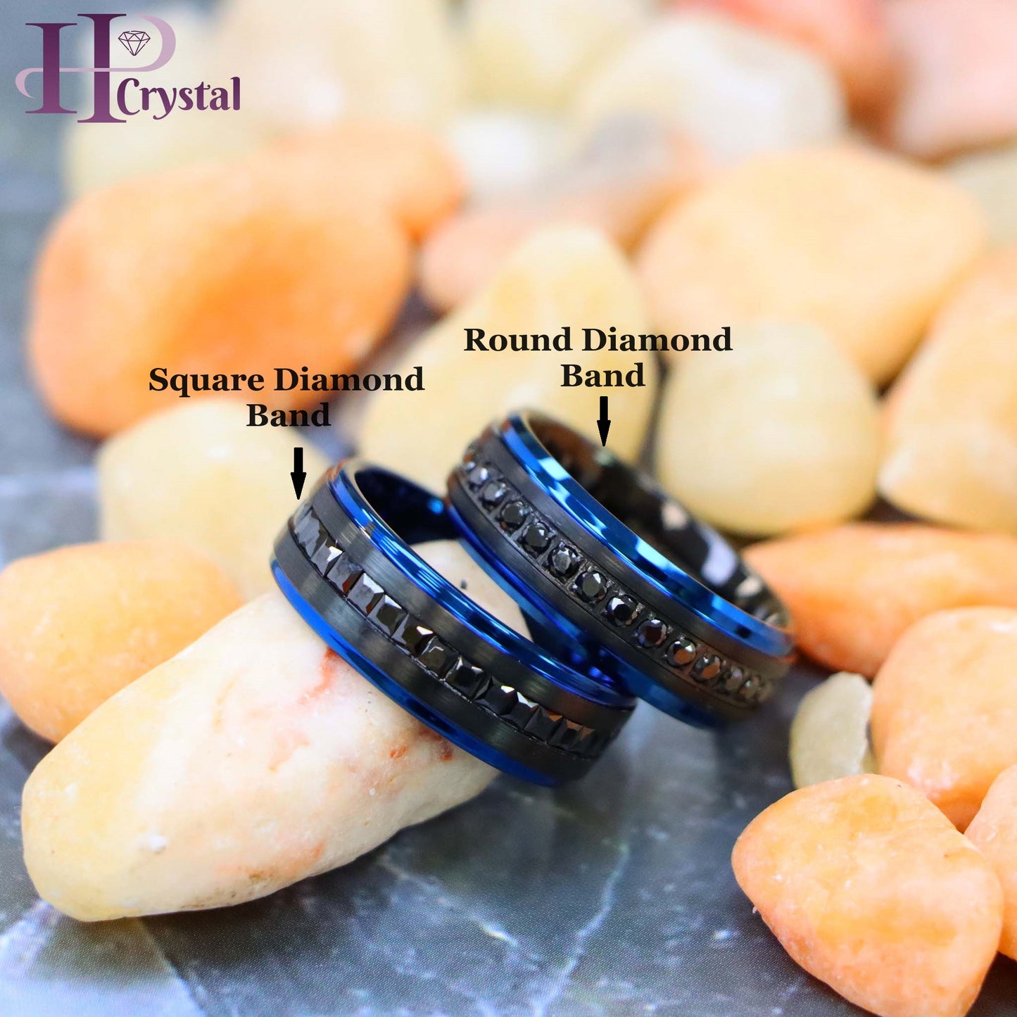 Black IP Plated Blue Edges Black CZ Princess/Round Cut Eternity Tungsten Ring