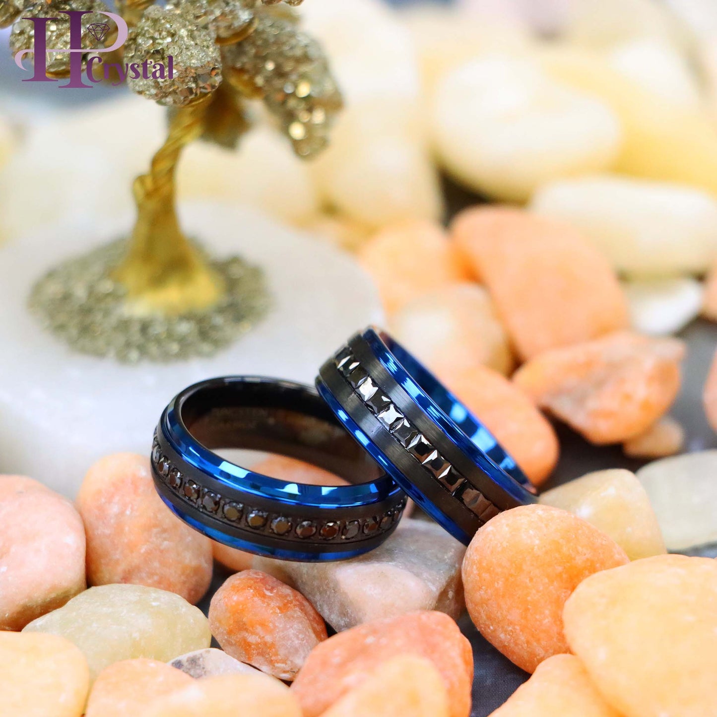 Black IP Plated Blue Edges Black CZ Princess/Round Cut Eternity Tungsten Ring