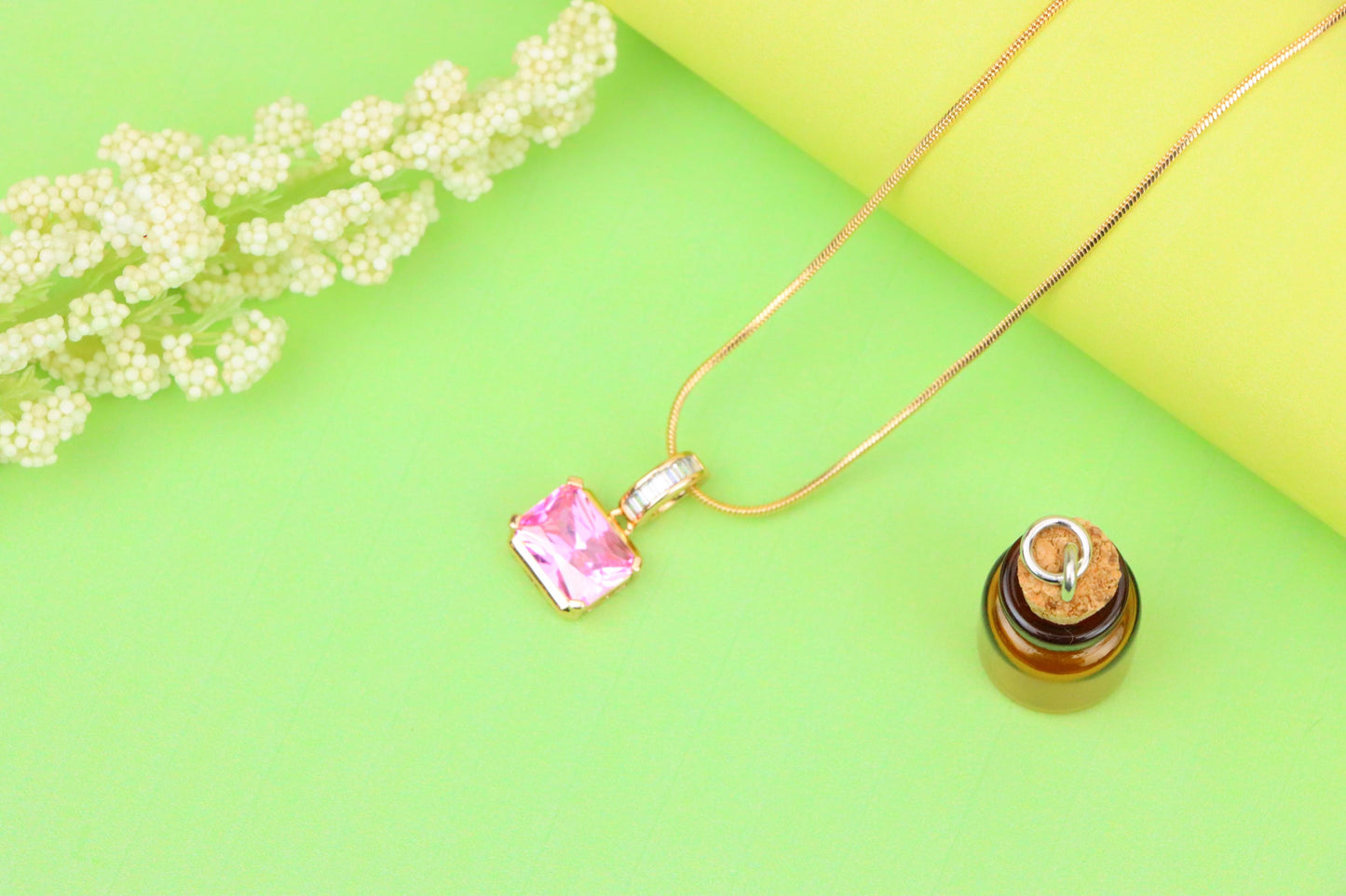 Chic Pink Emerald Cut Pendant with Baguette Bail in Rose Gold Tone, XPPT1780 (2162-7)