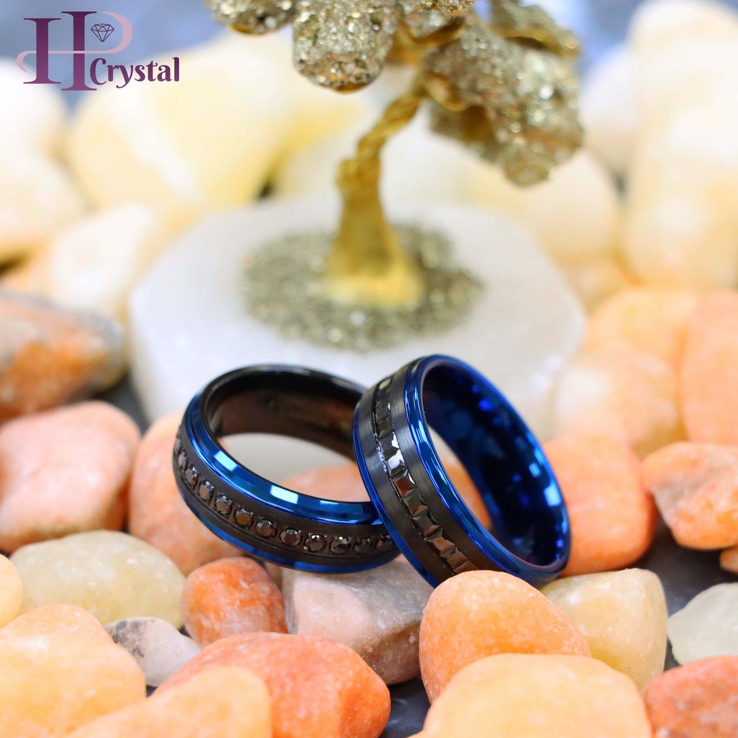 Black IP Plated Blue Edges Black CZ Princess/Round Cut Eternity Tungsten Ring