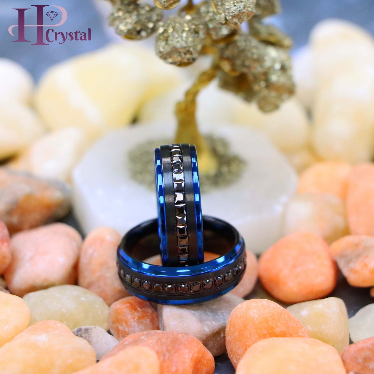Black IP Plated Blue Edges Black CZ Princess/Round Cut Eternity Tungsten Ring
