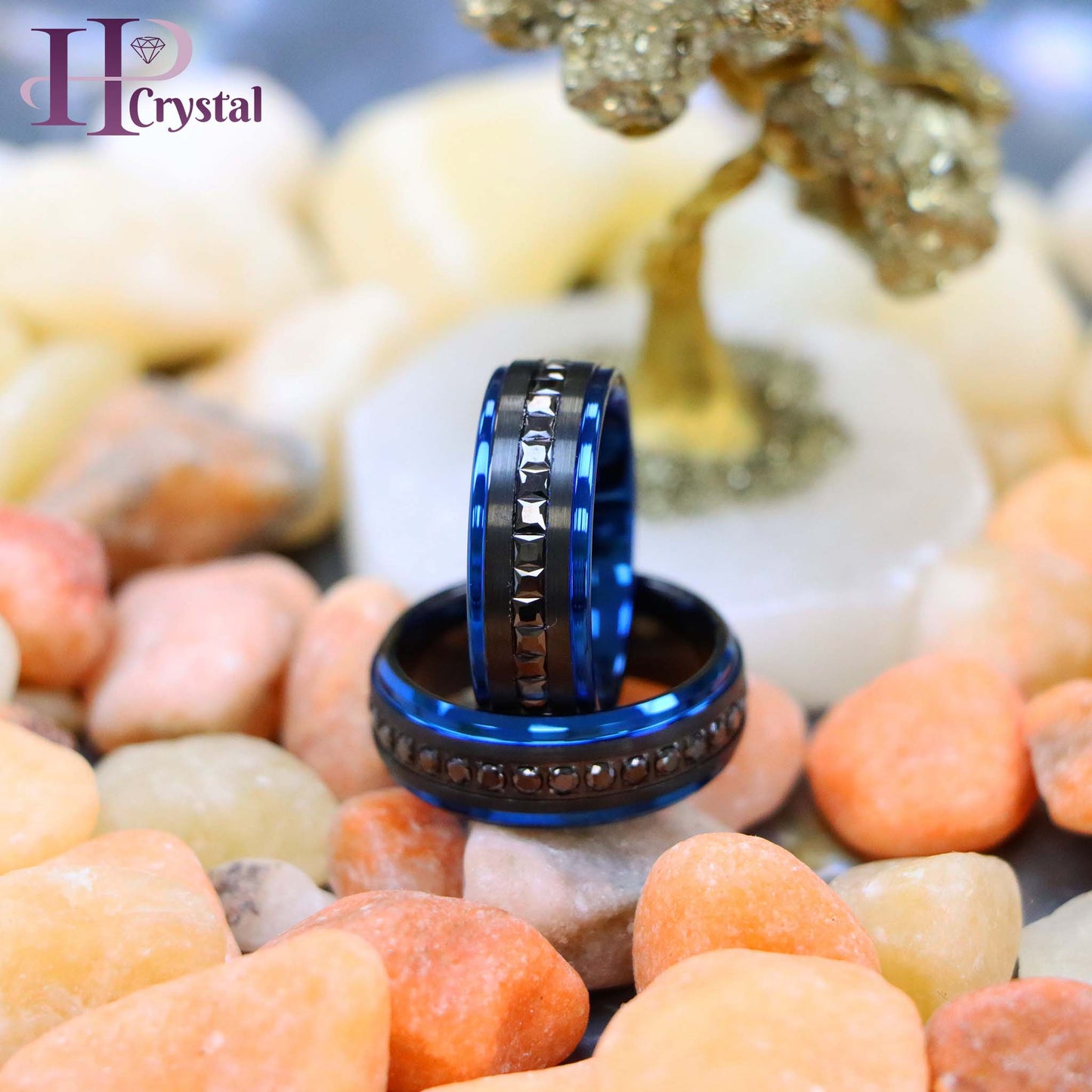 Black IP Plated Blue Edges Black CZ Princess/Round Cut Eternity Tungsten Ring