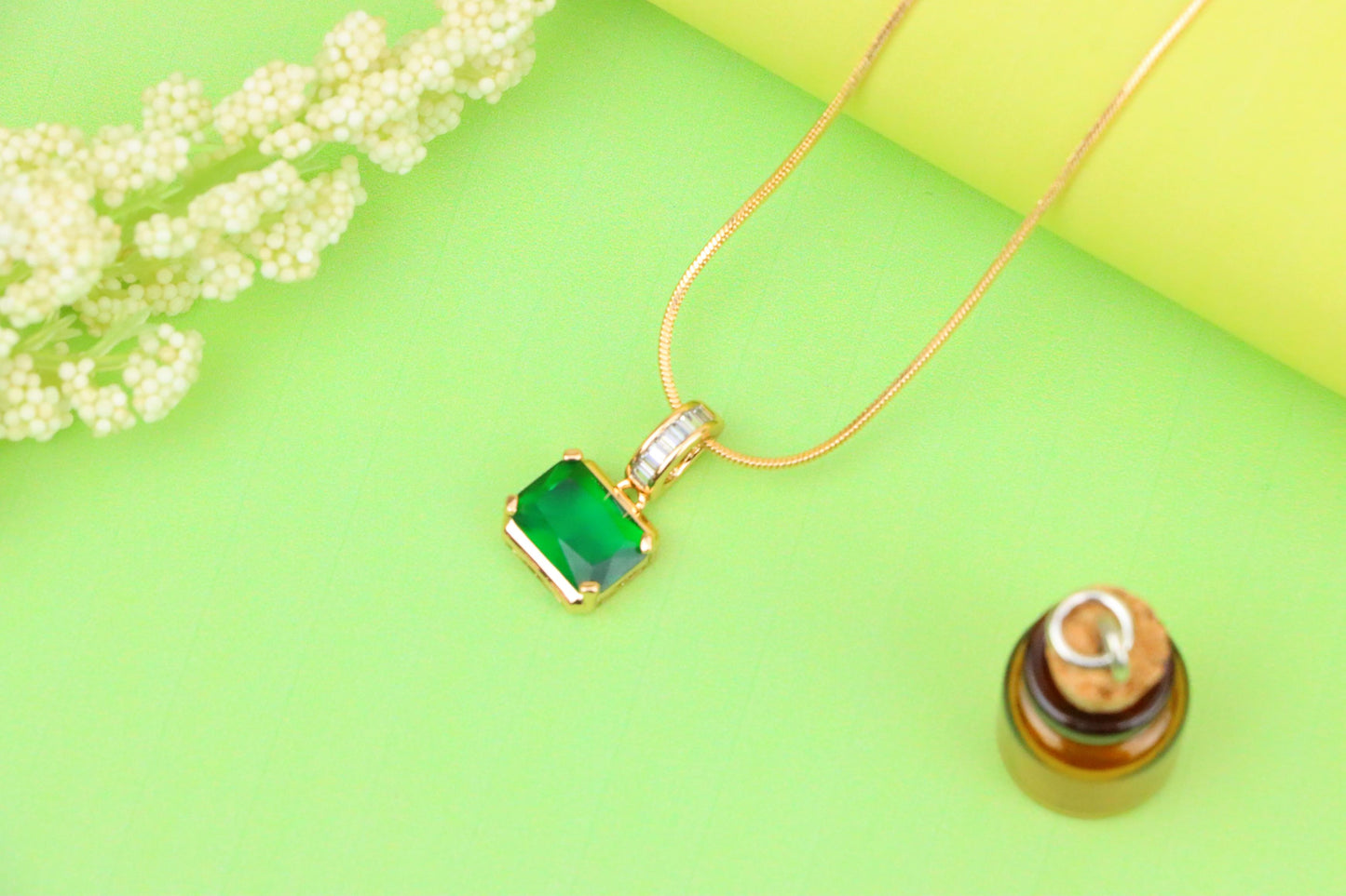 Elegant Green Emerald Cut Pendant with Baguette Detail Bail, XPPT1781 (2162-7)
