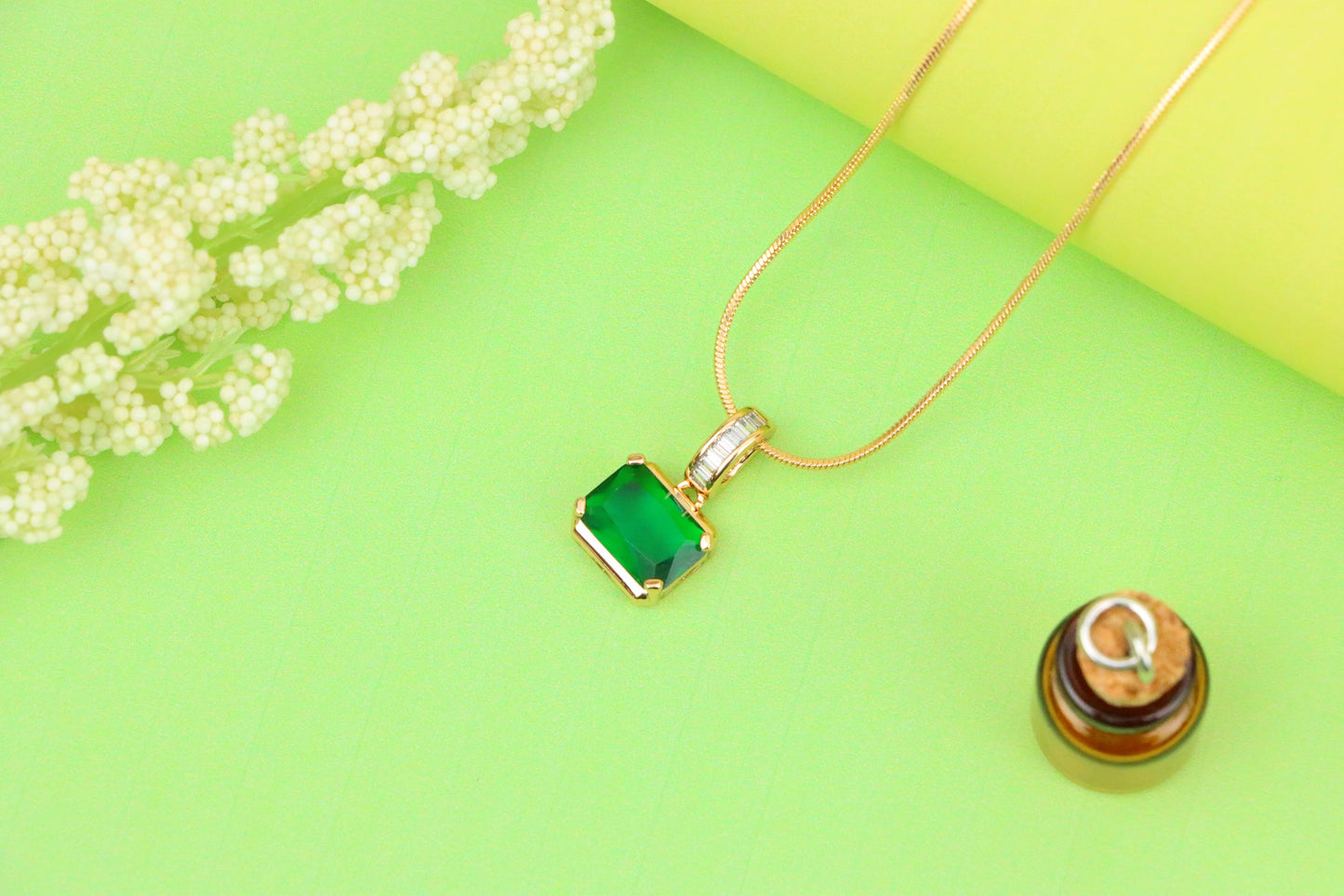 Elegant Green Emerald Cut Pendant with Baguette Detail Bail, XPPT1781 (2162-7)