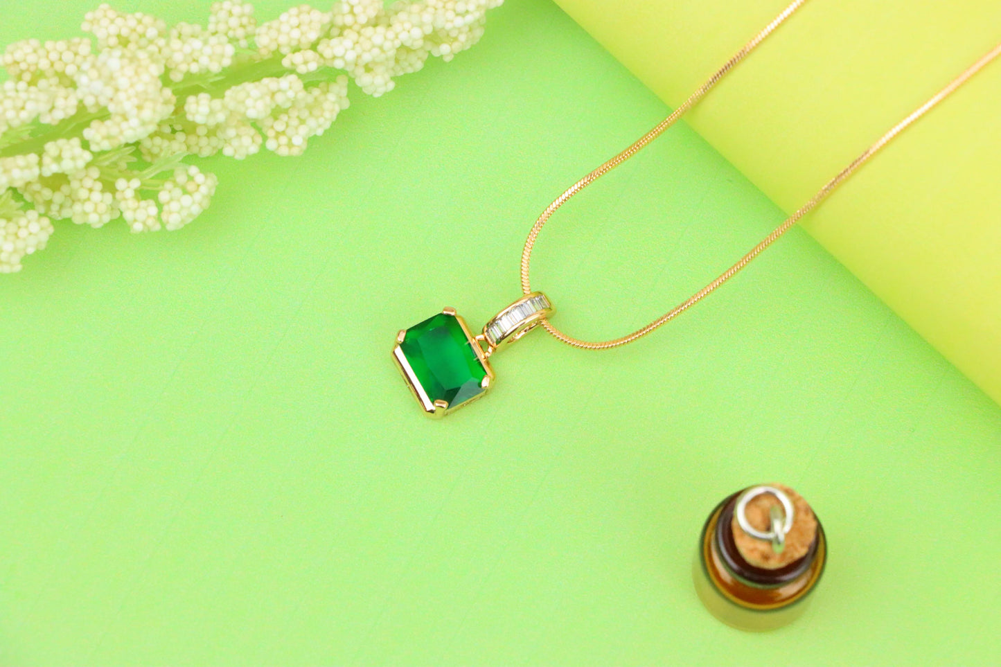 Elegant Green Emerald Cut Pendant with Baguette Detail Bail, XPPT1781 (2162-7)