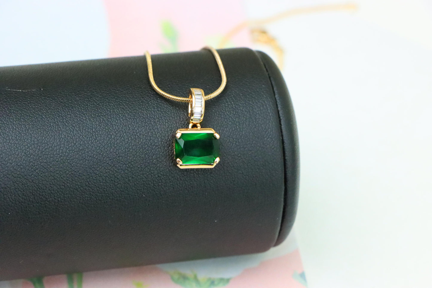 Elegant Green Emerald Cut Pendant with Baguette Detail Bail, XPPT1781 (2162-7)
