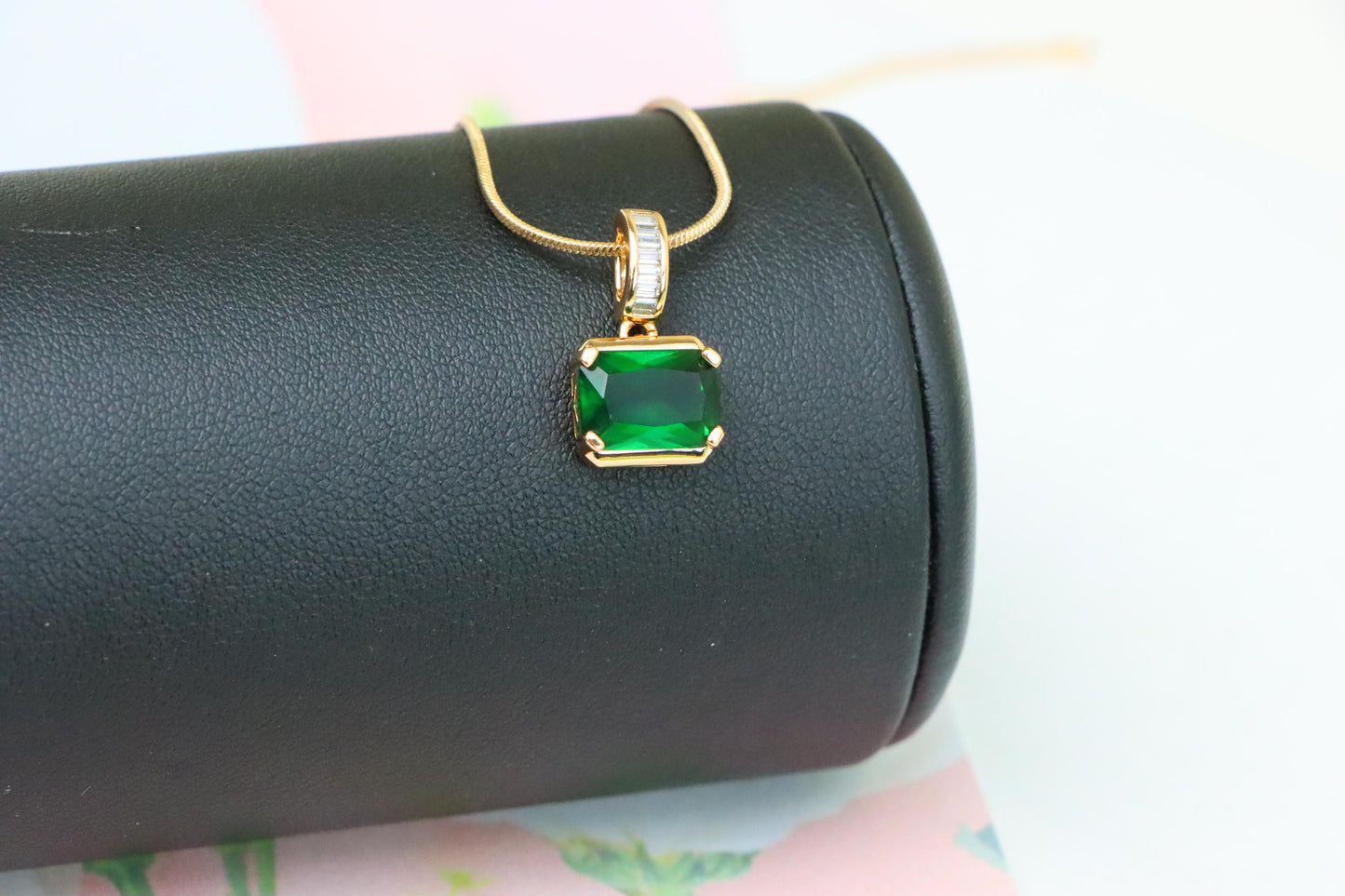 Elegant Green Emerald Cut Pendant with Baguette Detail Bail, XPPT1781 (2162-7)