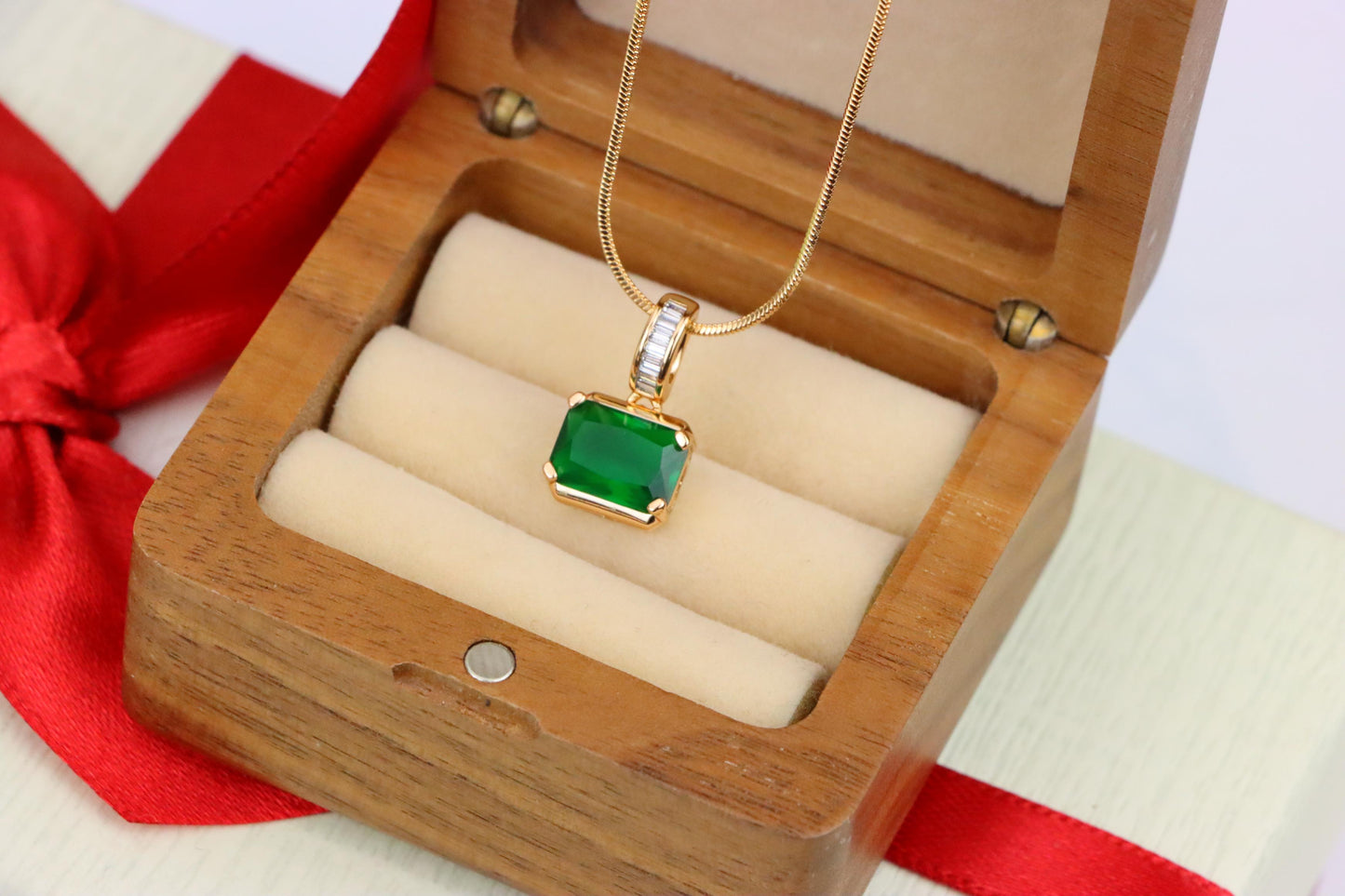 Elegant Green Emerald Cut Pendant with Baguette Detail Bail, XPPT1781 (2162-7)