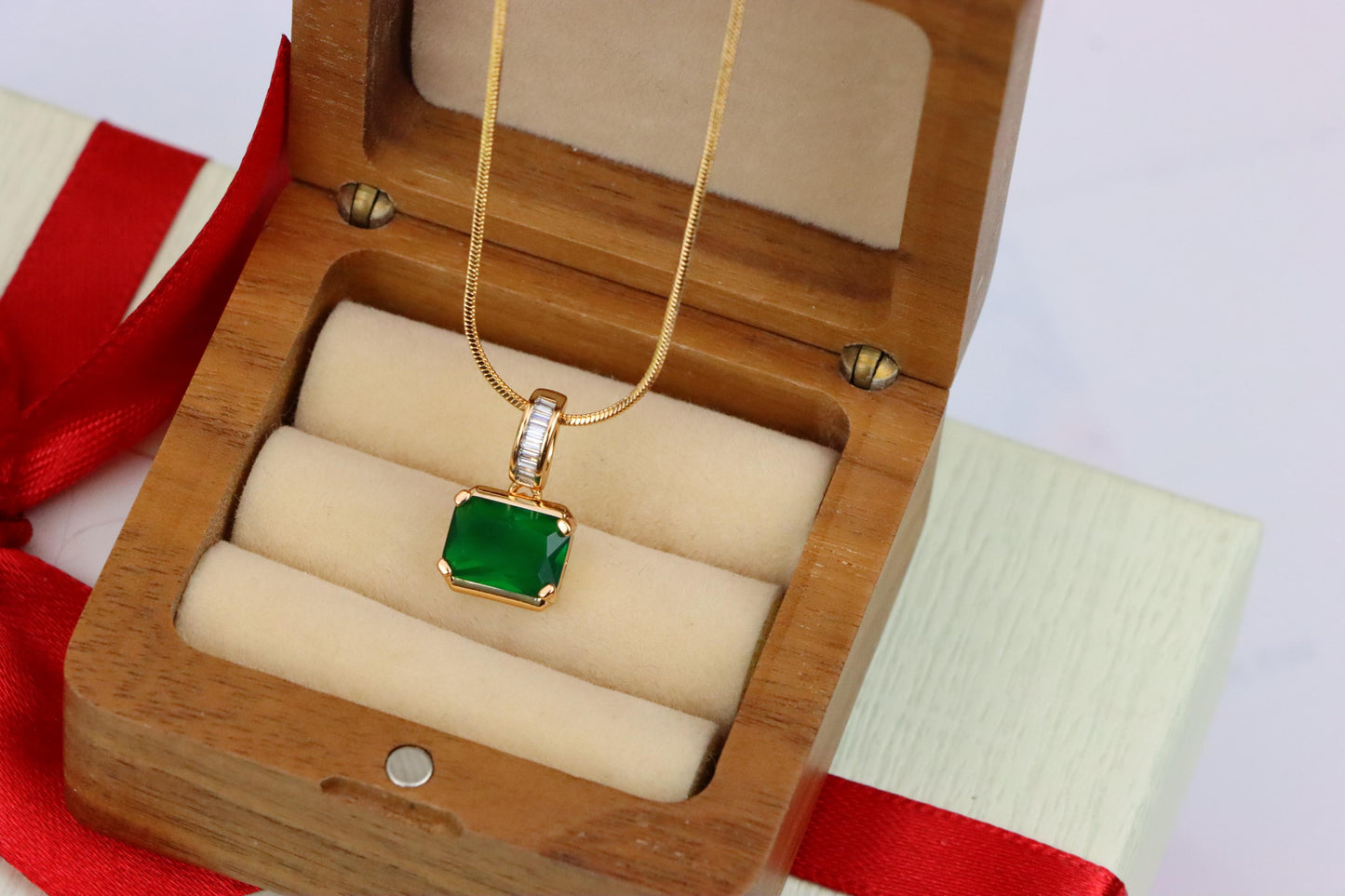 Elegant Green Emerald Cut Pendant with Baguette Detail Bail, XPPT1781 (2162-7)