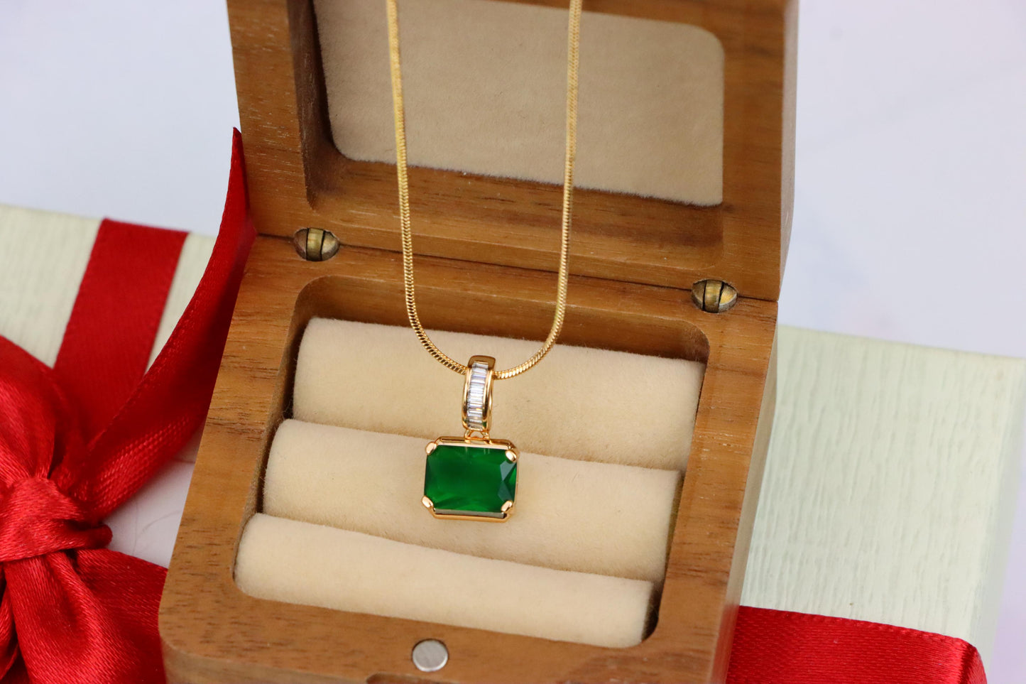 Elegant Green Emerald Cut Pendant with Baguette Detail Bail, XPPT1781 (2162-7)