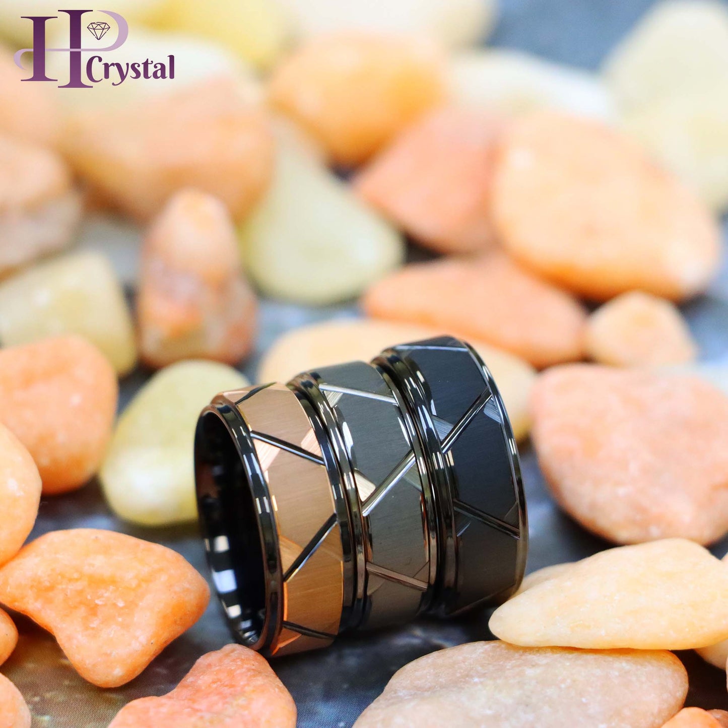 Black IP Brushed /Gun Metal IP Plated Trapezoid Center High Polished Rose Gold IP Grooves & Stepped Edge Tungsten Ring