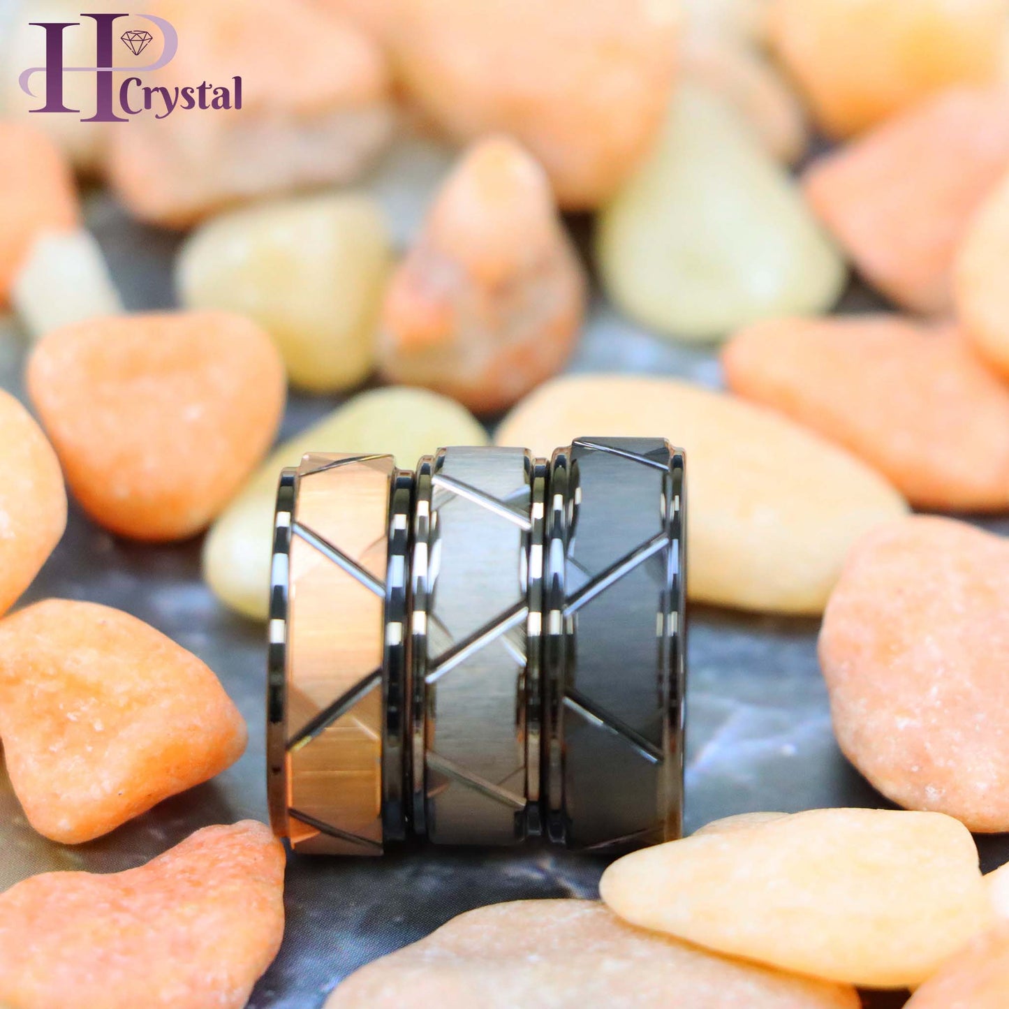 Black IP Brushed /Gun Metal IP Plated Trapezoid Center High Polished Rose Gold IP Grooves & Stepped Edge Tungsten Ring