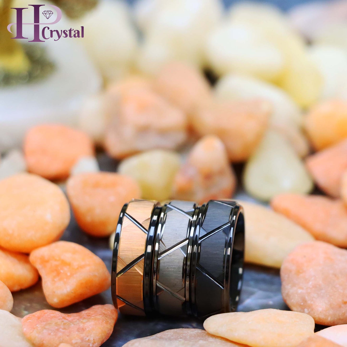 Black IP Brushed /Gun Metal IP Plated Trapezoid Center High Polished Rose Gold IP Grooves & Stepped Edge Tungsten Ring