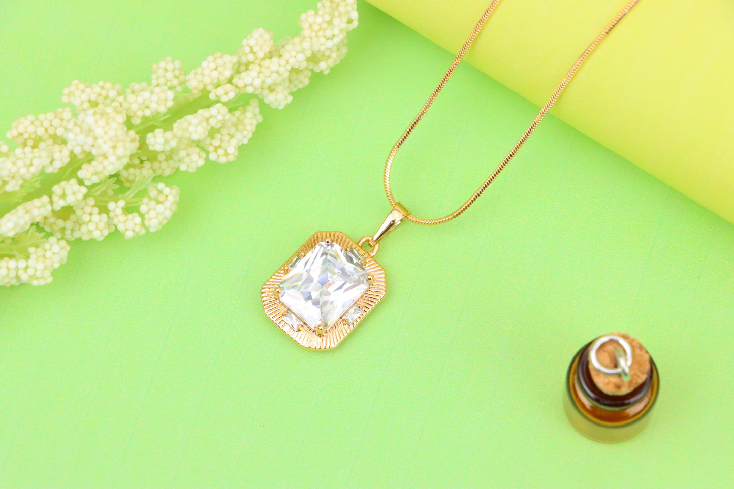 White Emerald Cut Pendant with Textured Gold Frame and Shine, XPPT1782 (2162-8)