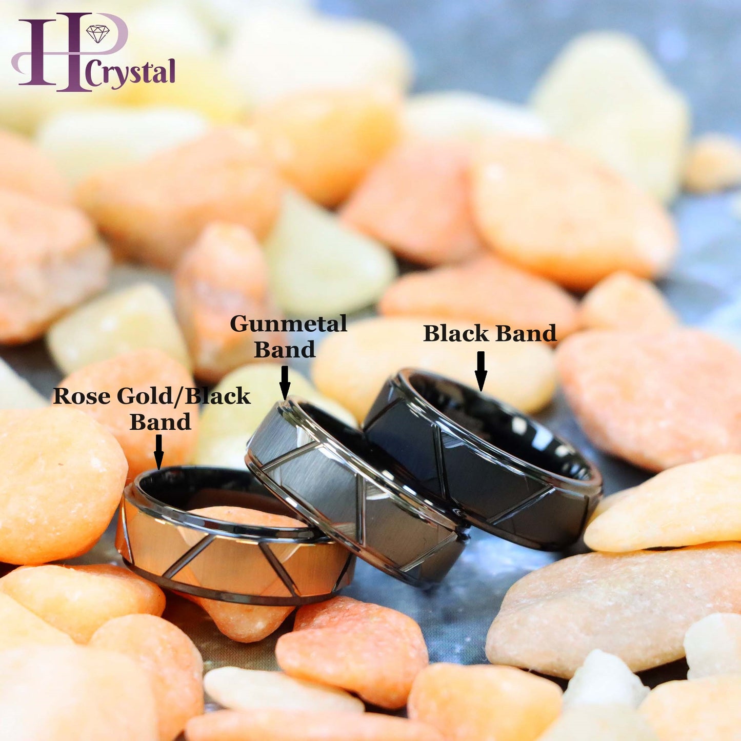 Black IP Brushed /Gun Metal IP Plated Trapezoid Center High Polished Rose Gold IP Grooves & Stepped Edge Tungsten Ring