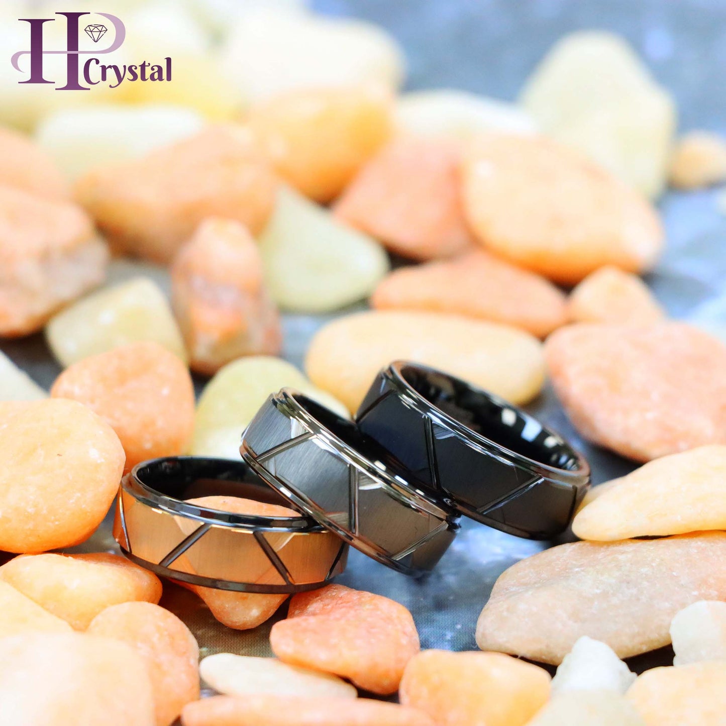 Black IP Brushed /Gun Metal IP Plated Trapezoid Center High Polished Rose Gold IP Grooves & Stepped Edge Tungsten Ring