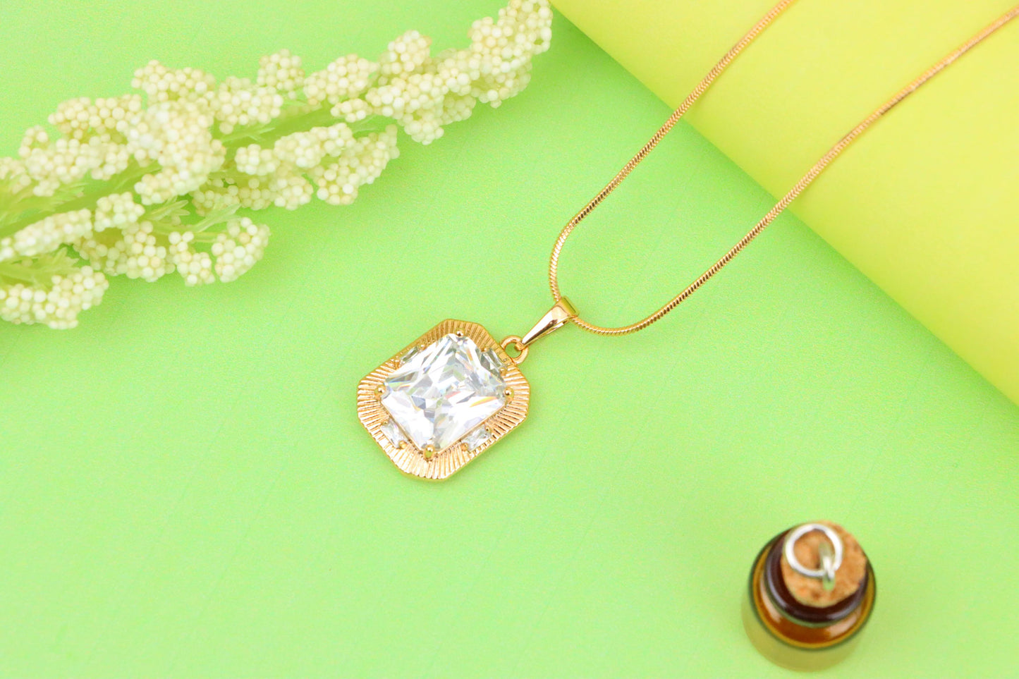 White Emerald Cut Pendant with Textured Gold Frame and Shine, XPPT1782 (2162-8)