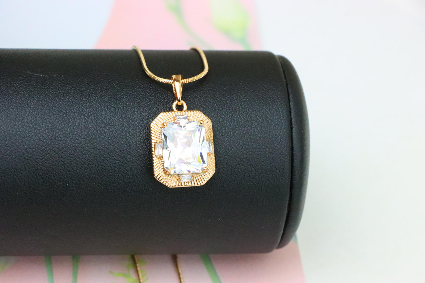 White Emerald Cut Pendant with Textured Gold Frame and Shine, XPPT1782 (2162-8)