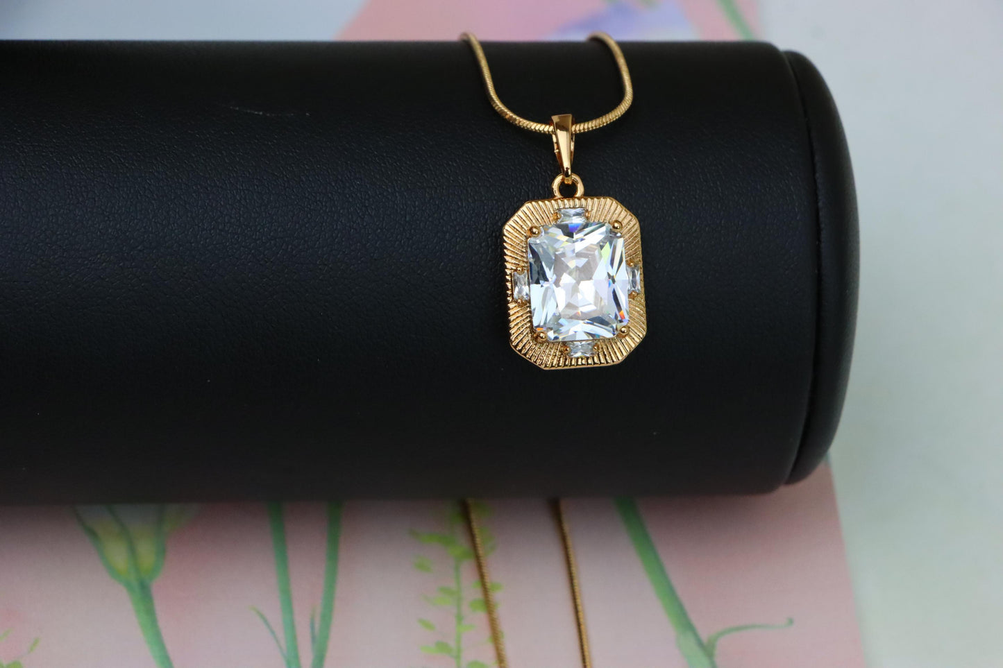 White Emerald Cut Pendant with Textured Gold Frame and Shine, XPPT1782 (2162-8)
