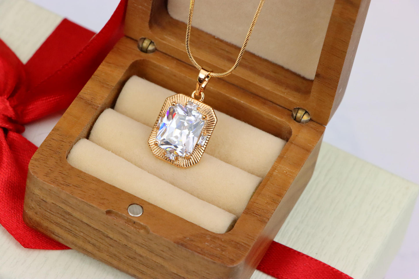 White Emerald Cut Pendant with Textured Gold Frame and Shine, XPPT1782 (2162-8)