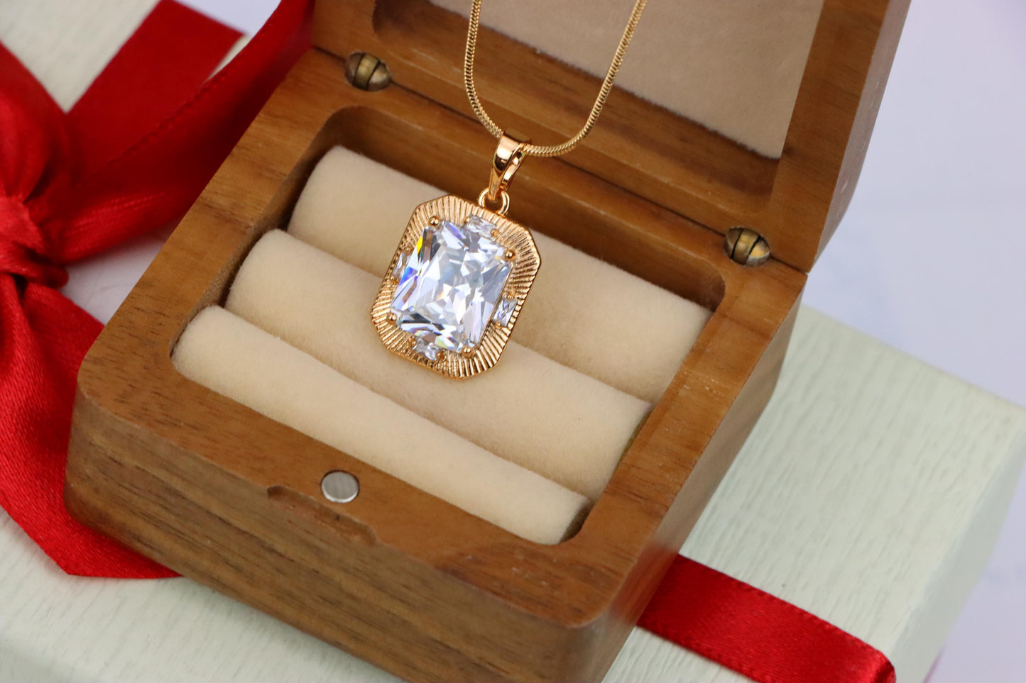 White Emerald Cut Pendant with Textured Gold Frame and Shine, XPPT1782 (2162-8)