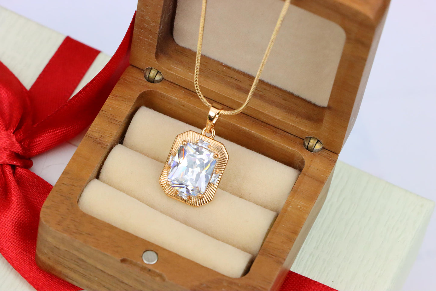 White Emerald Cut Pendant with Textured Gold Frame and Shine, XPPT1782 (2162-8)