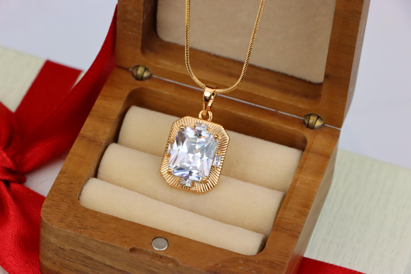 White Emerald Cut Pendant with Textured Gold Frame and Shine, XPPT1782 (2162-8)