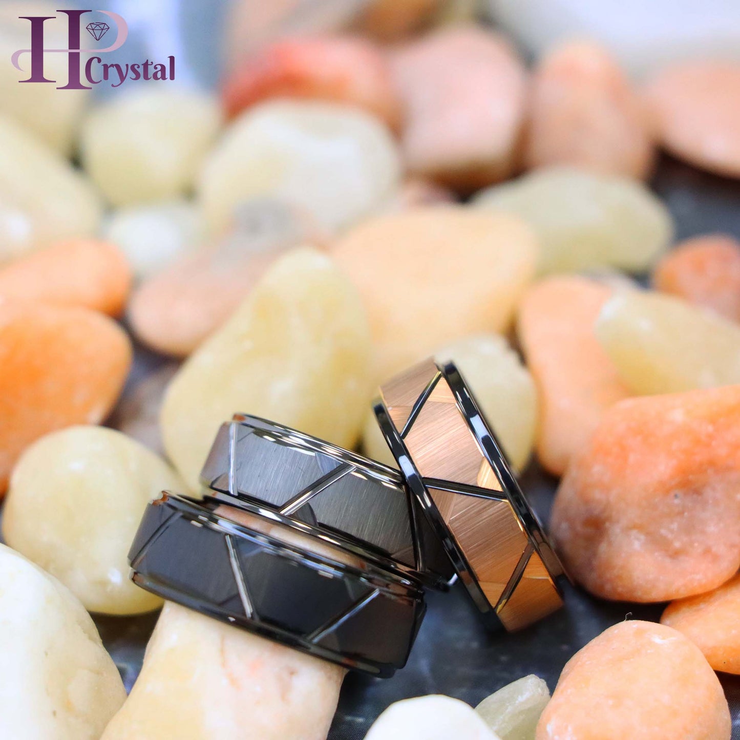 Black IP Brushed /Gun Metal IP Plated Trapezoid Center High Polished Rose Gold IP Grooves & Stepped Edge Tungsten Ring