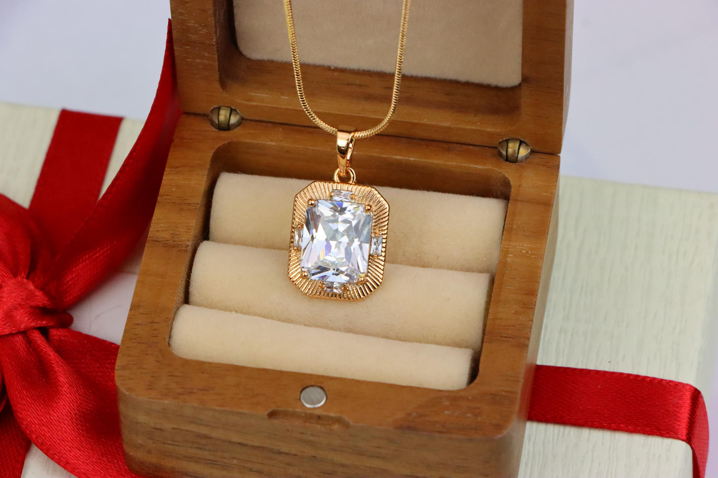White Emerald Cut Pendant with Textured Gold Frame and Shine, XPPT1782 (2162-8)