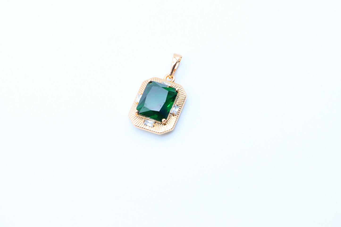 Green Emerald Cut Pendant with Textured Gold Plated Frame, XPPT1783 (2162-8)