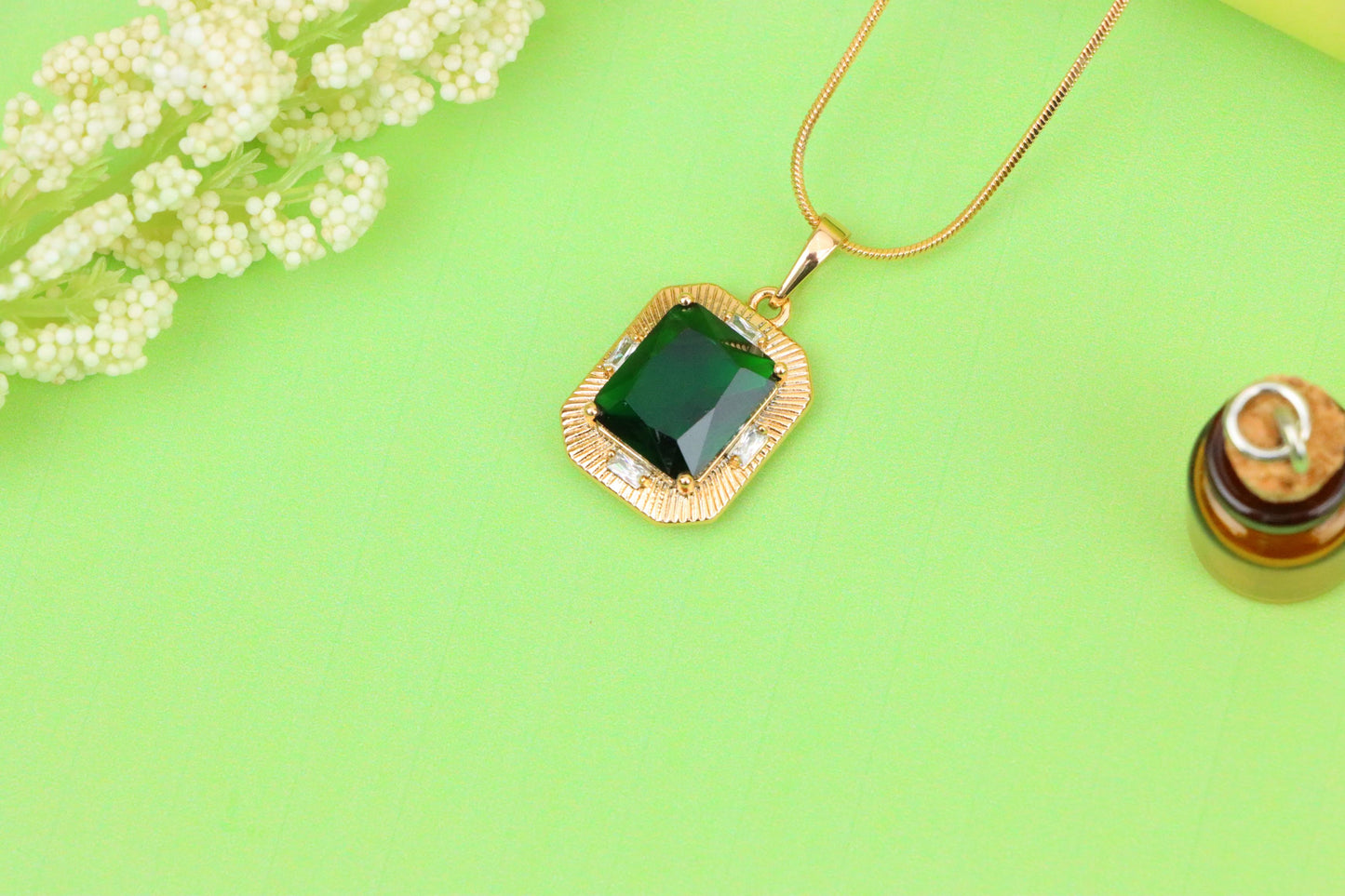 Green Emerald Cut Pendant with Textured Gold Plated Frame, XPPT1783 (2162-8)