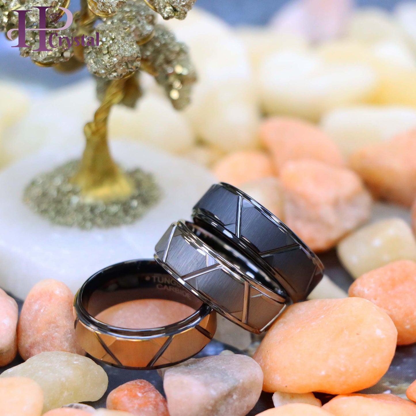 Black IP Brushed /Gun Metal IP Plated Trapezoid Center High Polished Rose Gold IP Grooves & Stepped Edge Tungsten Ring