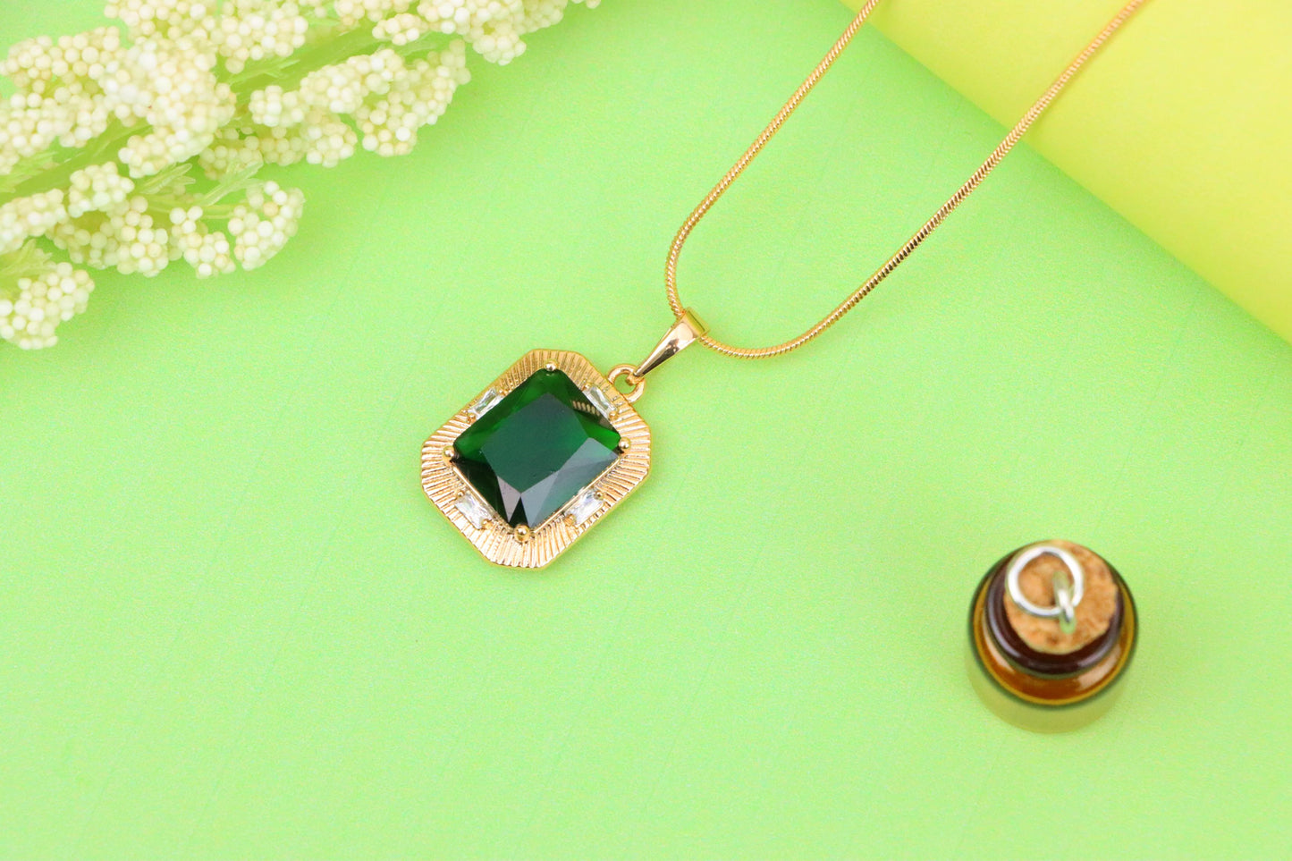 Green Emerald Cut Pendant with Textured Gold Plated Frame, XPPT1783 (2162-8)