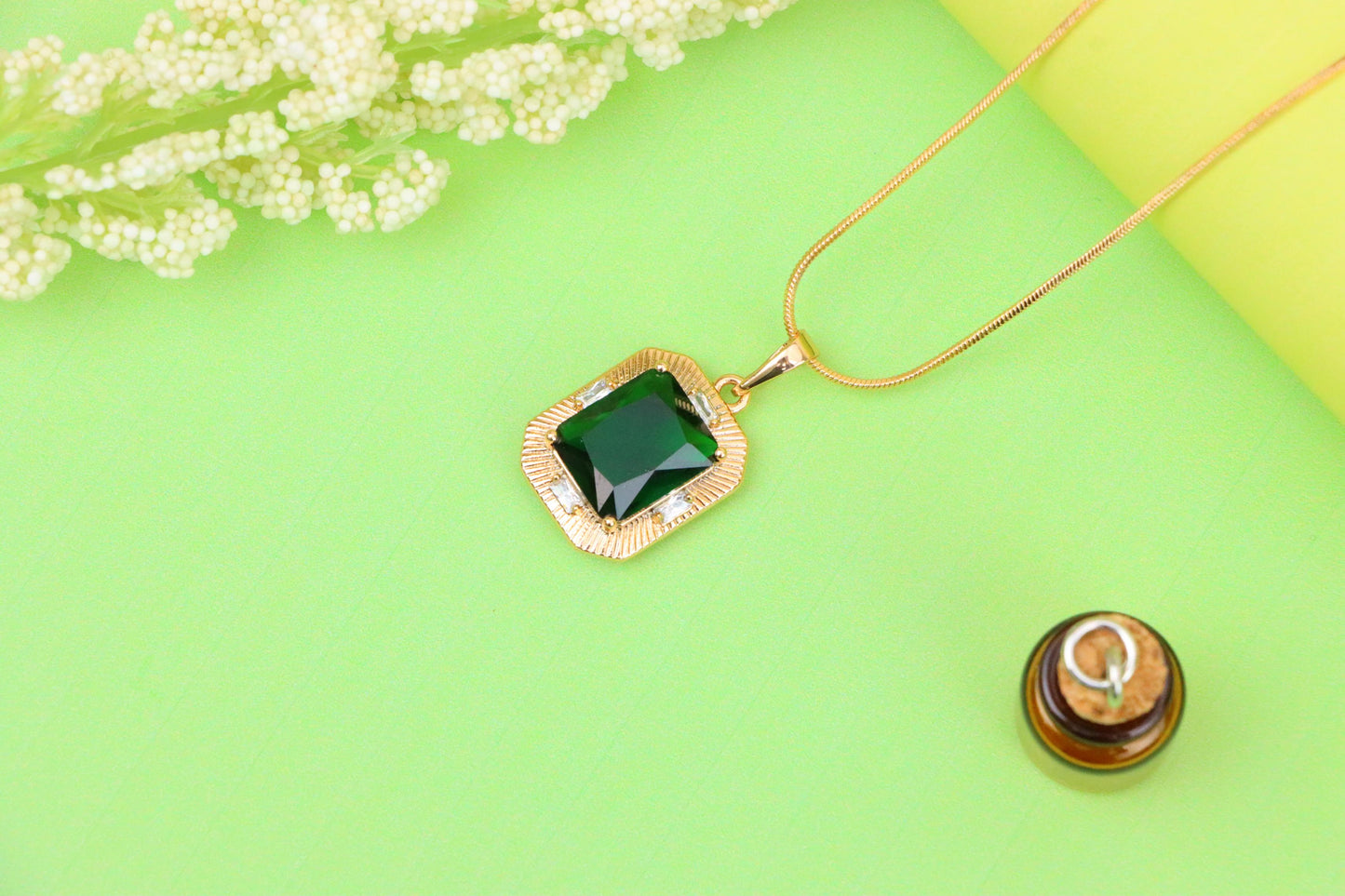 Green Emerald Cut Pendant with Textured Gold Plated Frame, XPPT1783 (2162-8)