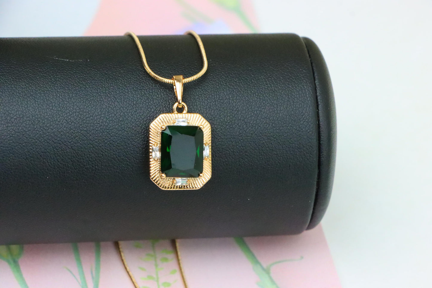 Green Emerald Cut Pendant with Textured Gold Plated Frame, XPPT1783 (2162-8)