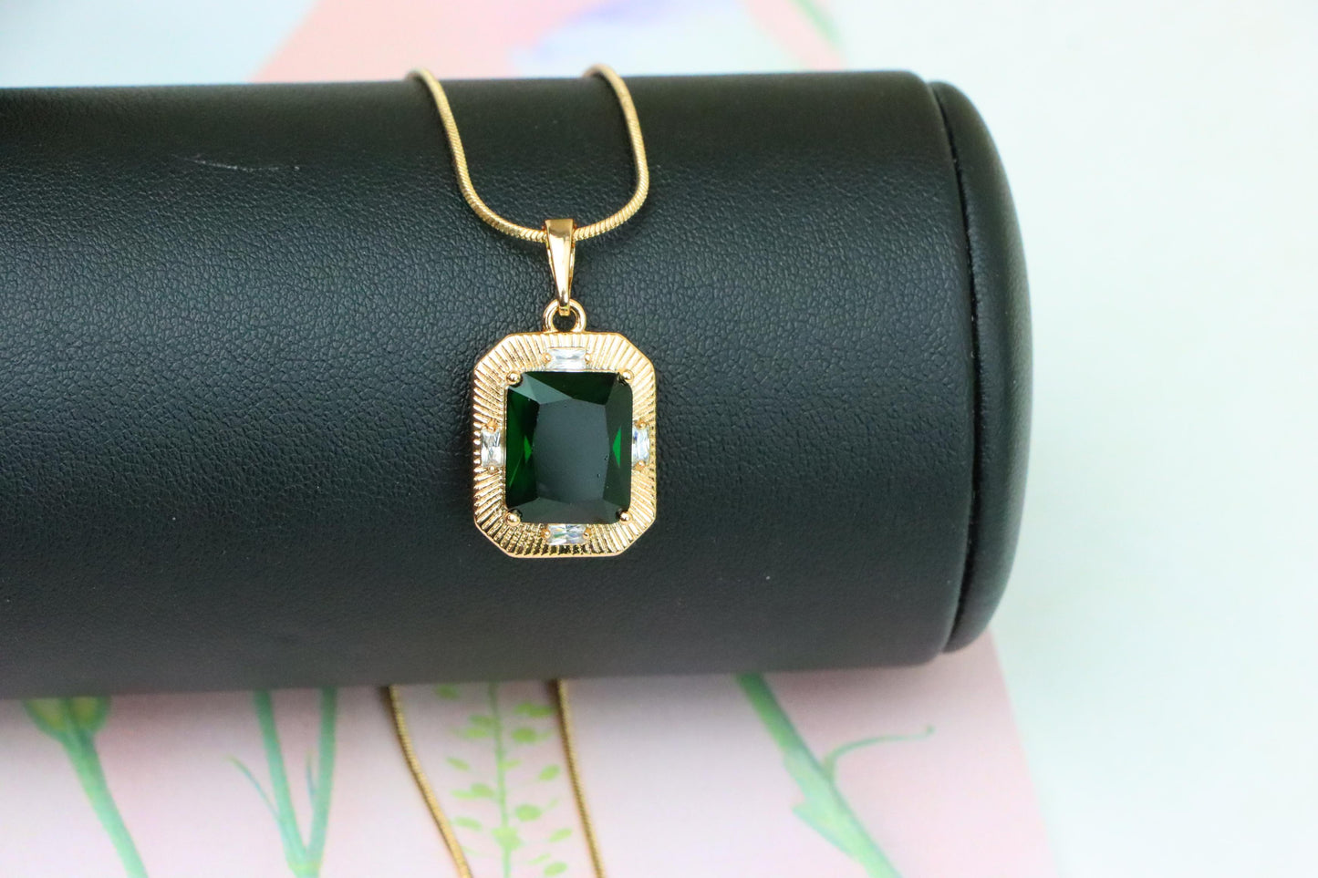 Green Emerald Cut Pendant with Textured Gold Plated Frame, XPPT1783 (2162-8)