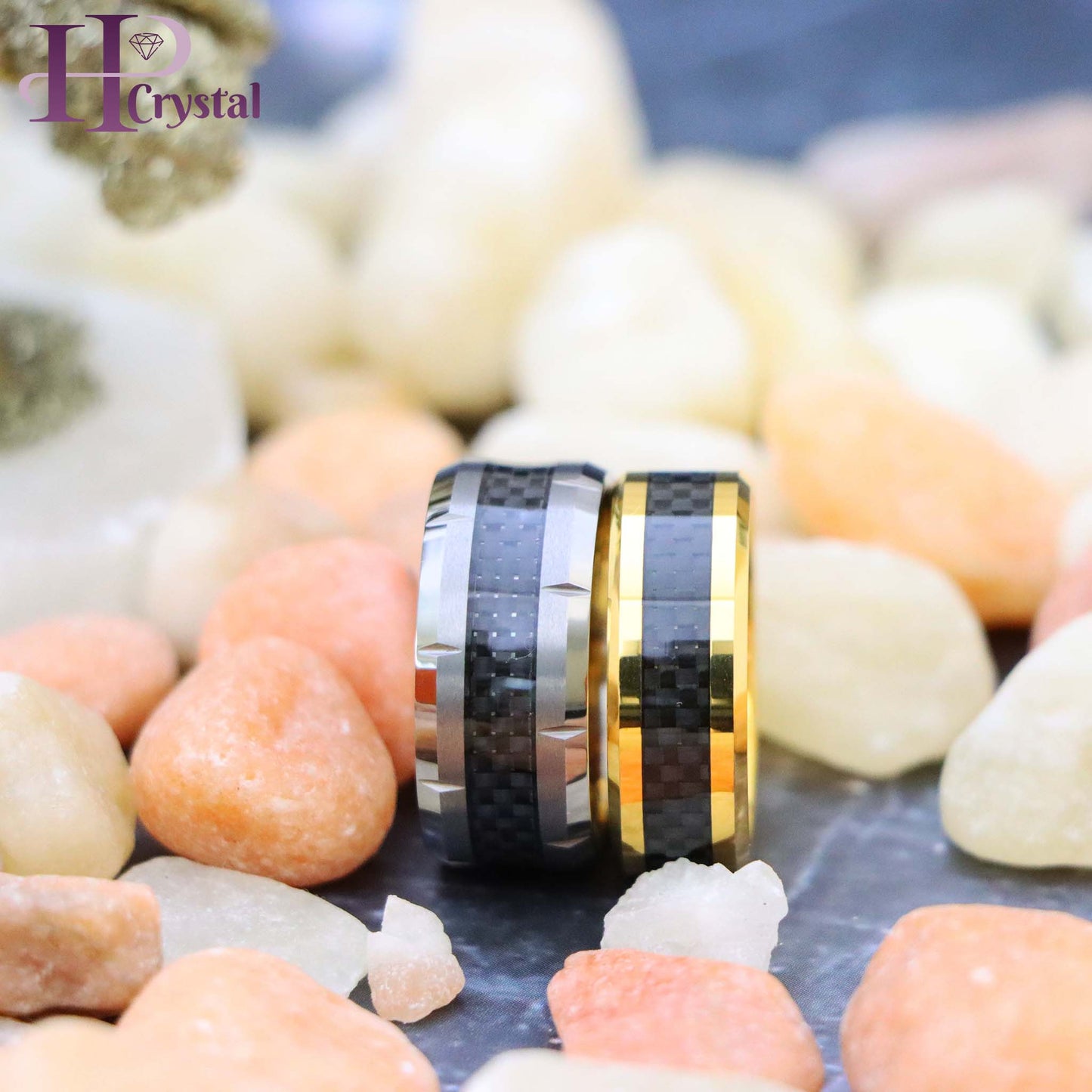 Yellow Gold/Silver Plated High Polish with Black Carbon Fiber Inlay Beveled Edge Tungsten Ring