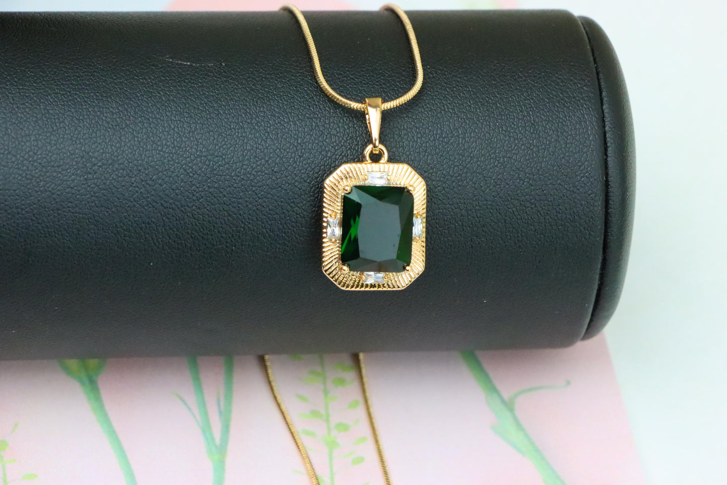Green Emerald Cut Pendant with Textured Gold Plated Frame, XPPT1783 (2162-8)
