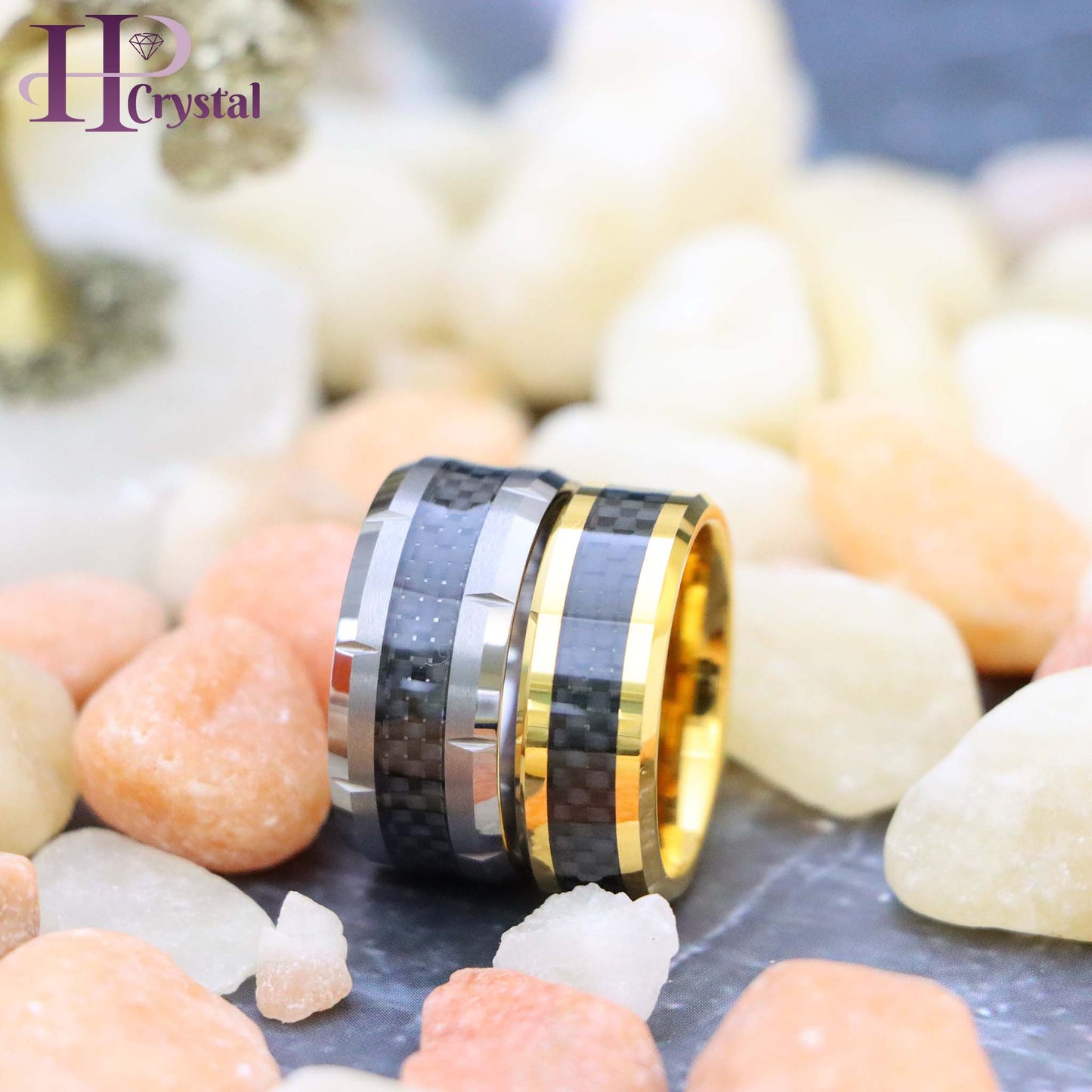 Yellow Gold/Silver Plated High Polish with Black Carbon Fiber Inlay Beveled Edge Tungsten Ring