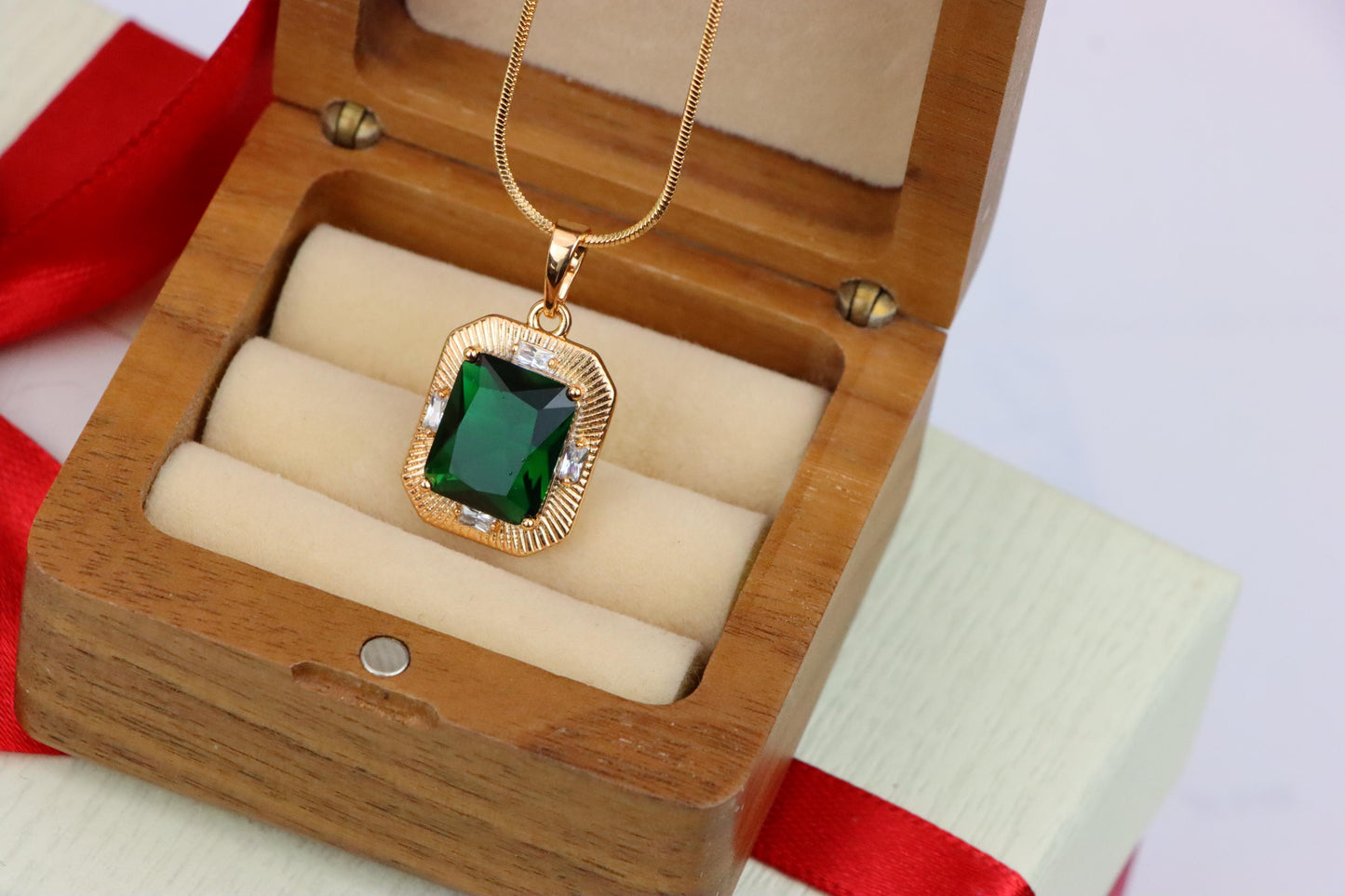 Green Emerald Cut Pendant with Textured Gold Plated Frame, XPPT1783 (2162-8)